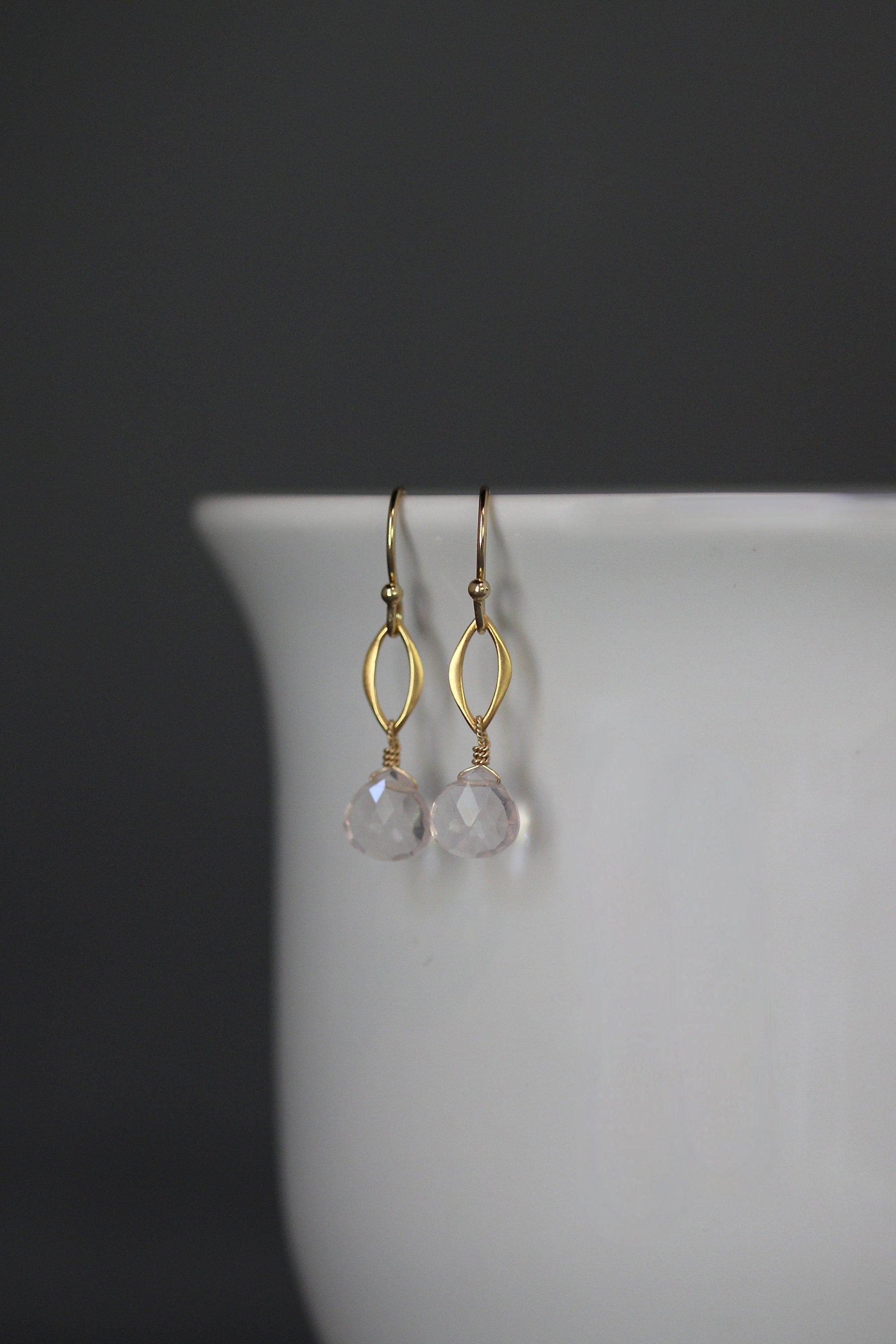 Rose Quartz Teardrop Earrings on Matte Gold Vermeil Links