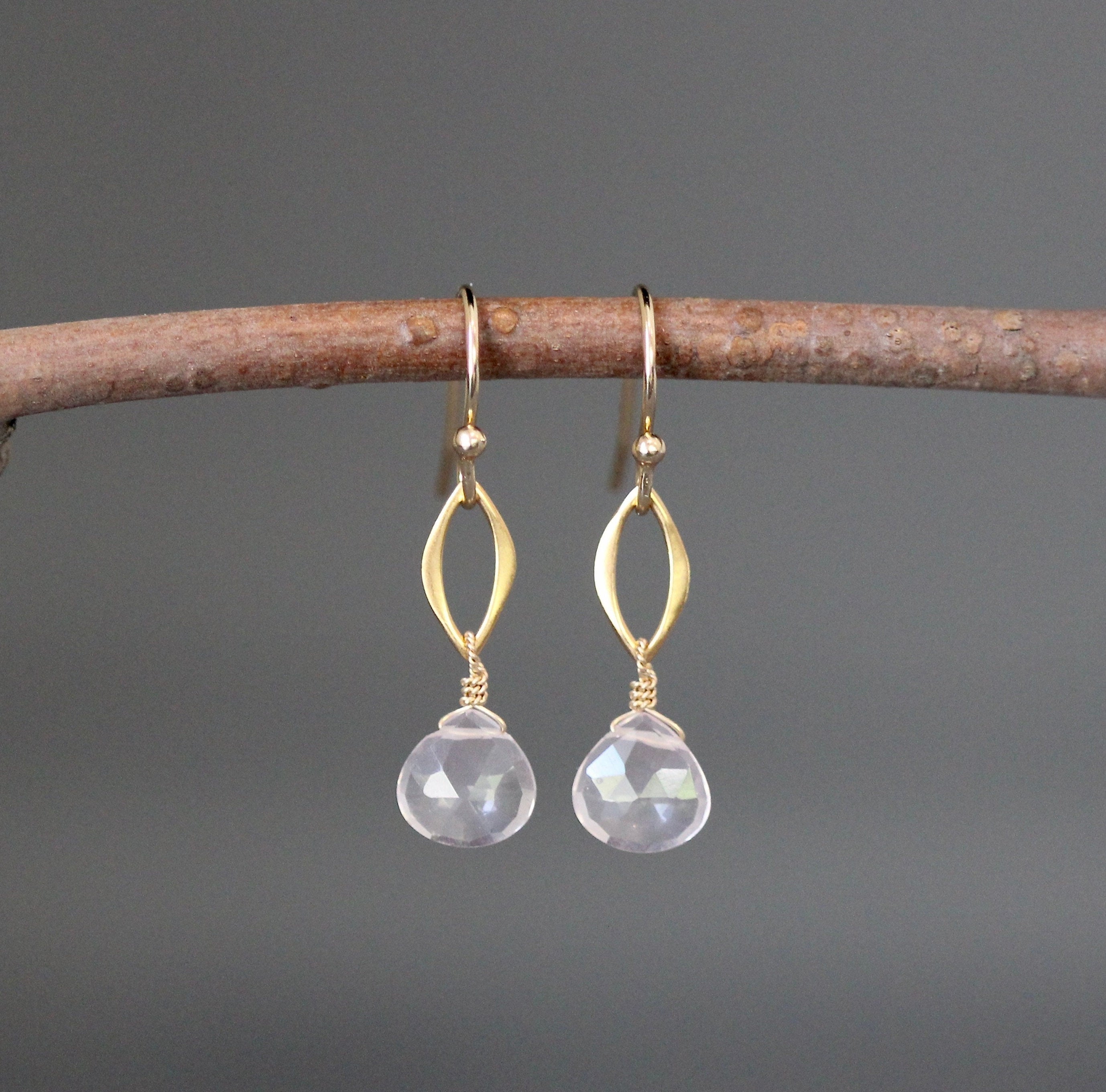 Rose Quartz Teardrop Earrings on Matte Gold Vermeil Links