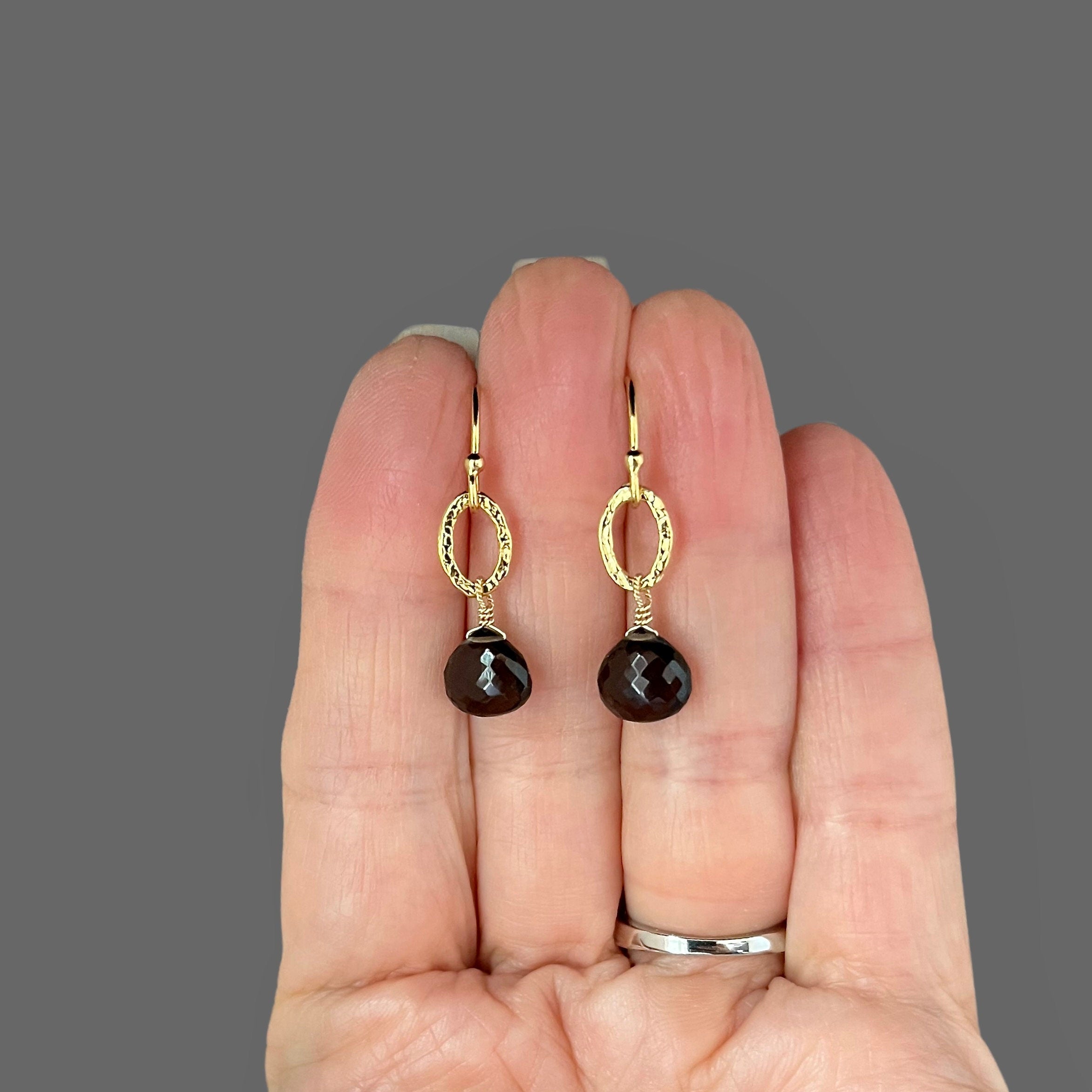 Smokey Topaz Teardrop and Gold Vermeil Oval Link Dangle Earrings