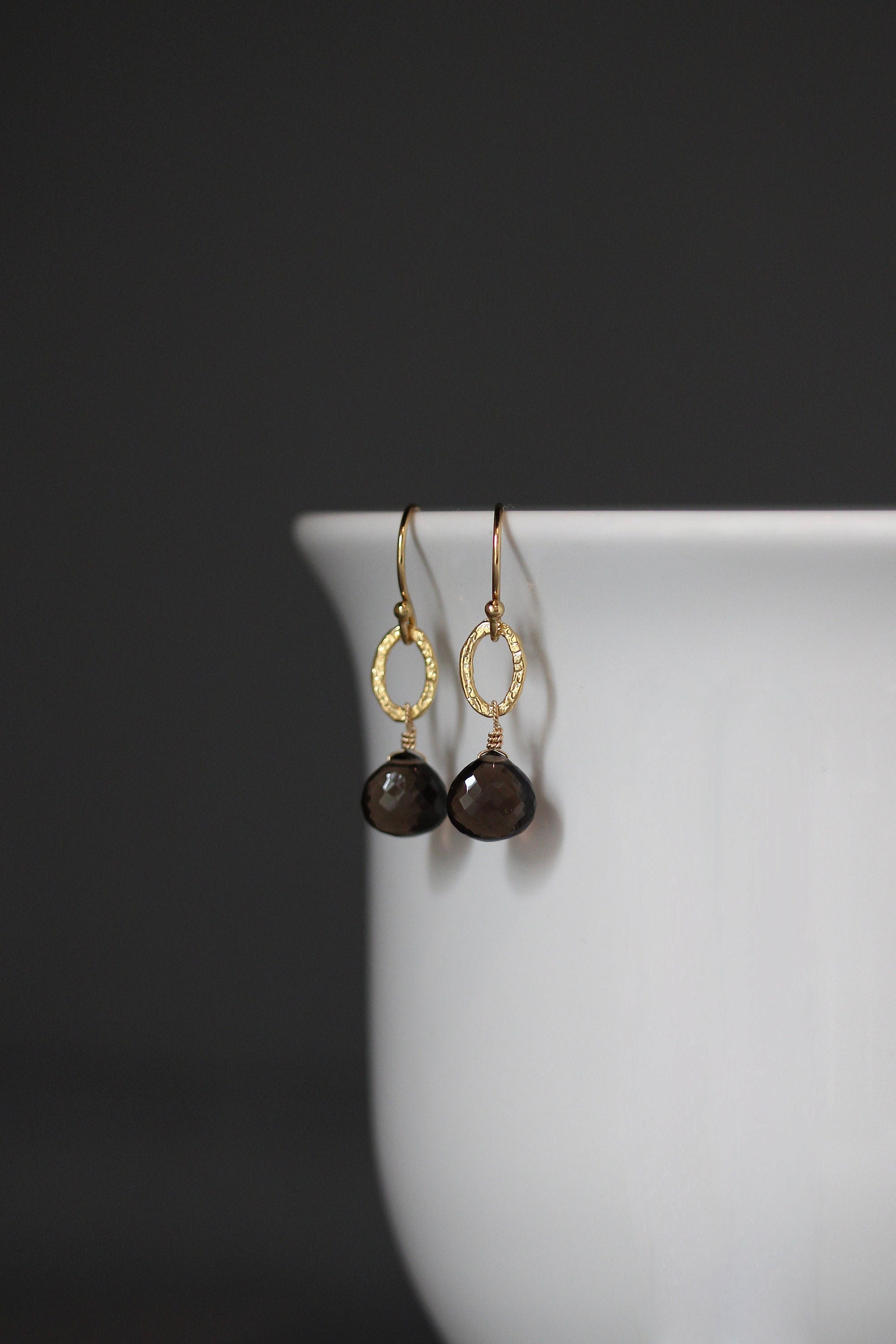 Smokey Topaz Teardrop and Gold Vermeil Oval Link Dangle Earrings
