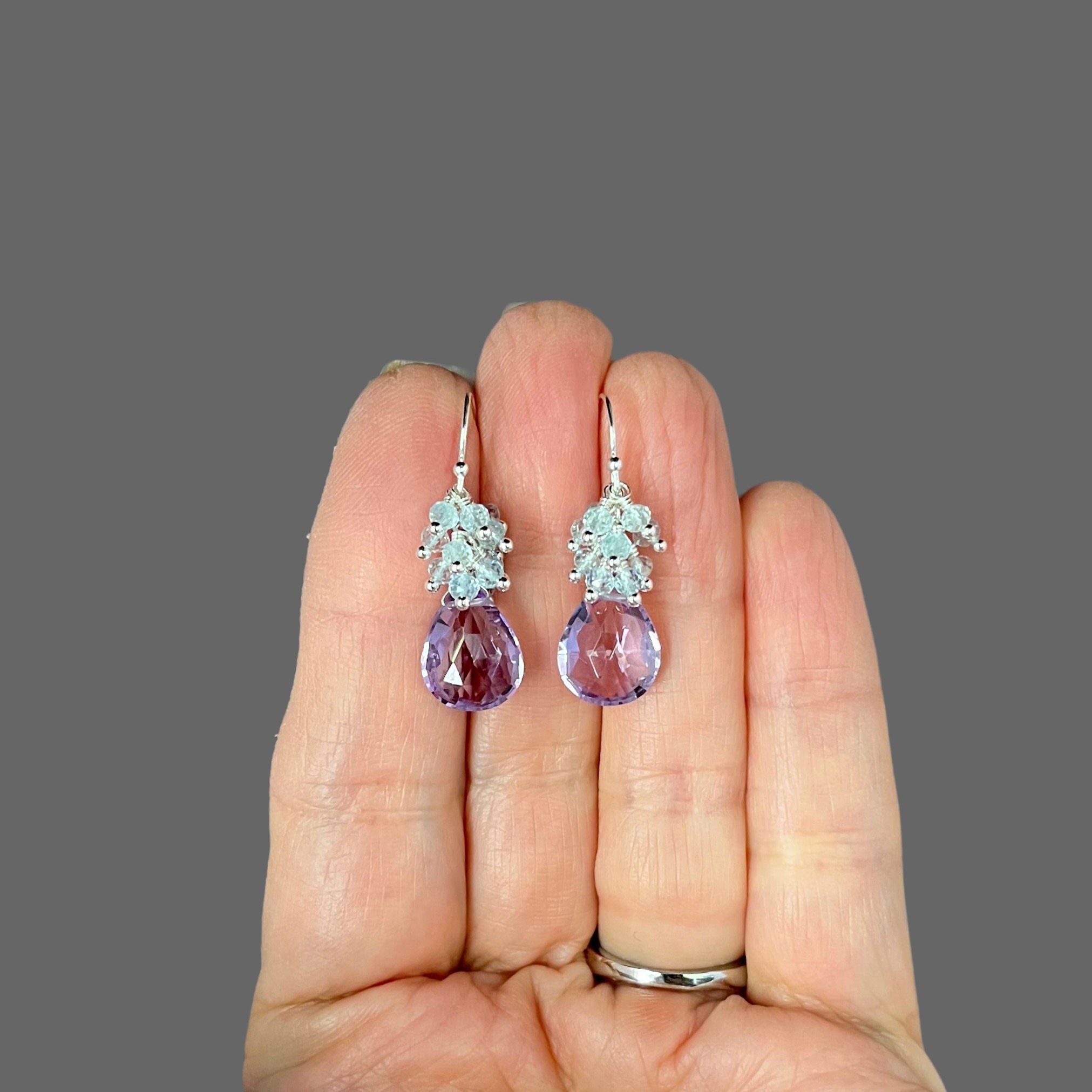 Rose Amethyst and Blue Topaz Quartz Cascading Chandelier Earrings in Sterling Silver