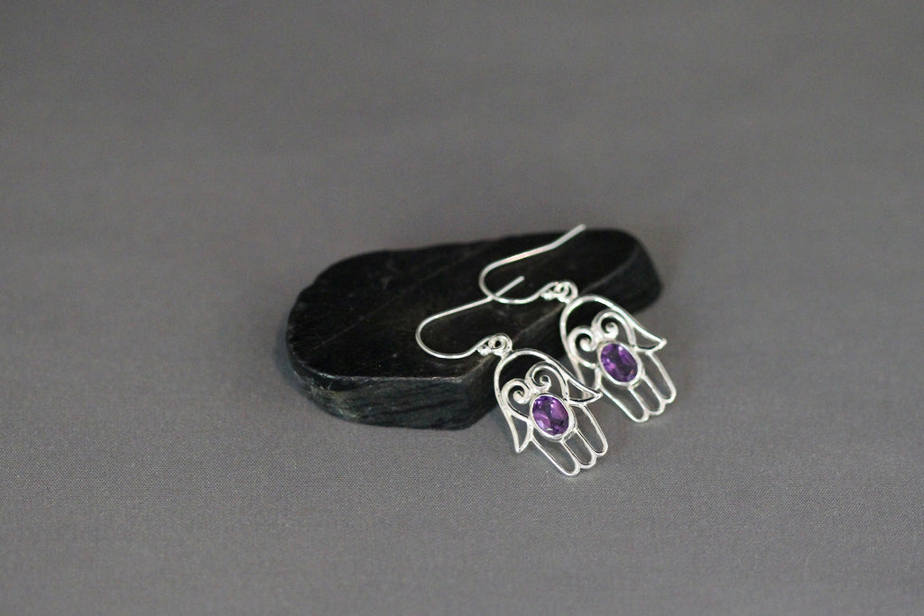 Amethyst and Sterling Silver Hamsa Charm Earrings