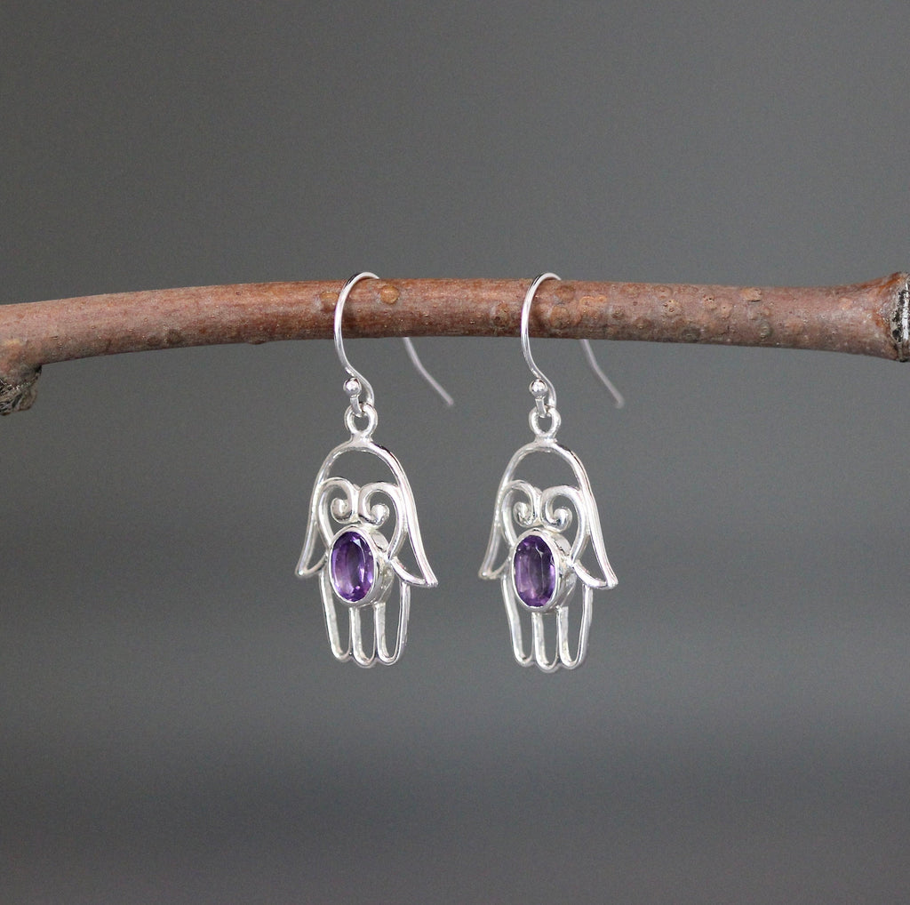 Amethyst and Sterling Silver Hamsa Charm Earrings