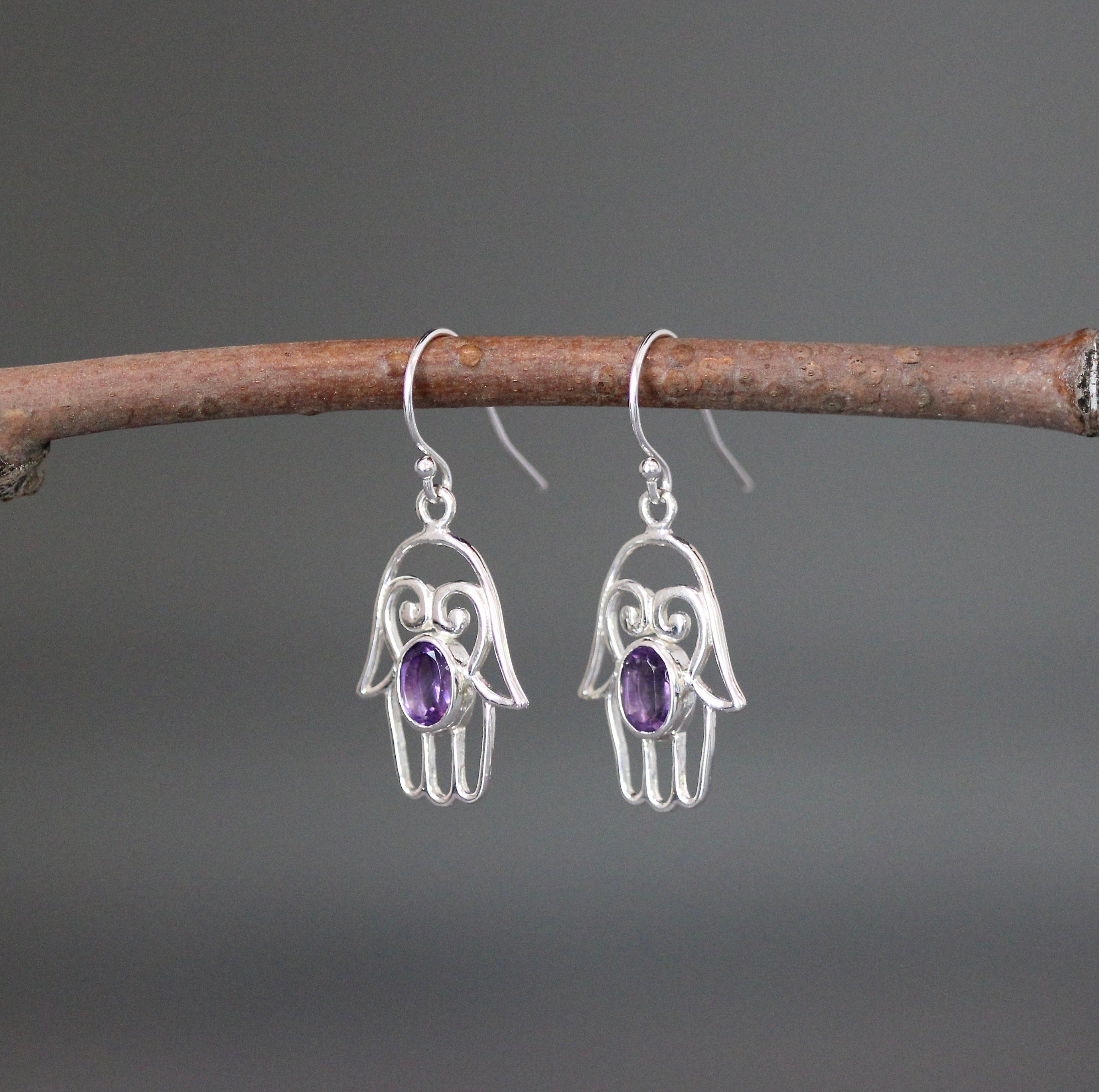 Amethyst and Sterling Silver Hamsa Charm Earrings