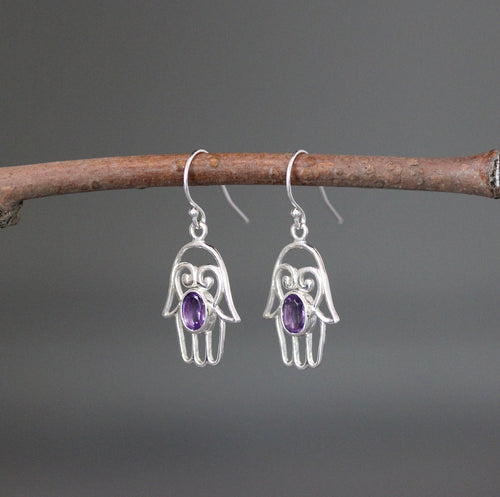 Amethyst and Sterling Silver Hamsa Charm Earrings