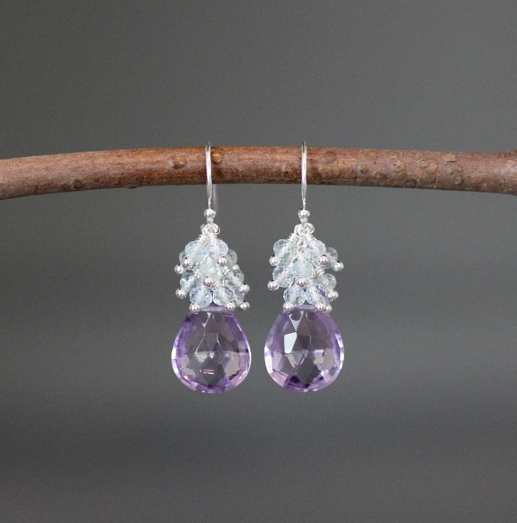Rose Amethyst and Blue Topaz Quartz Cascading Chandelier Earrings in Sterling Silver