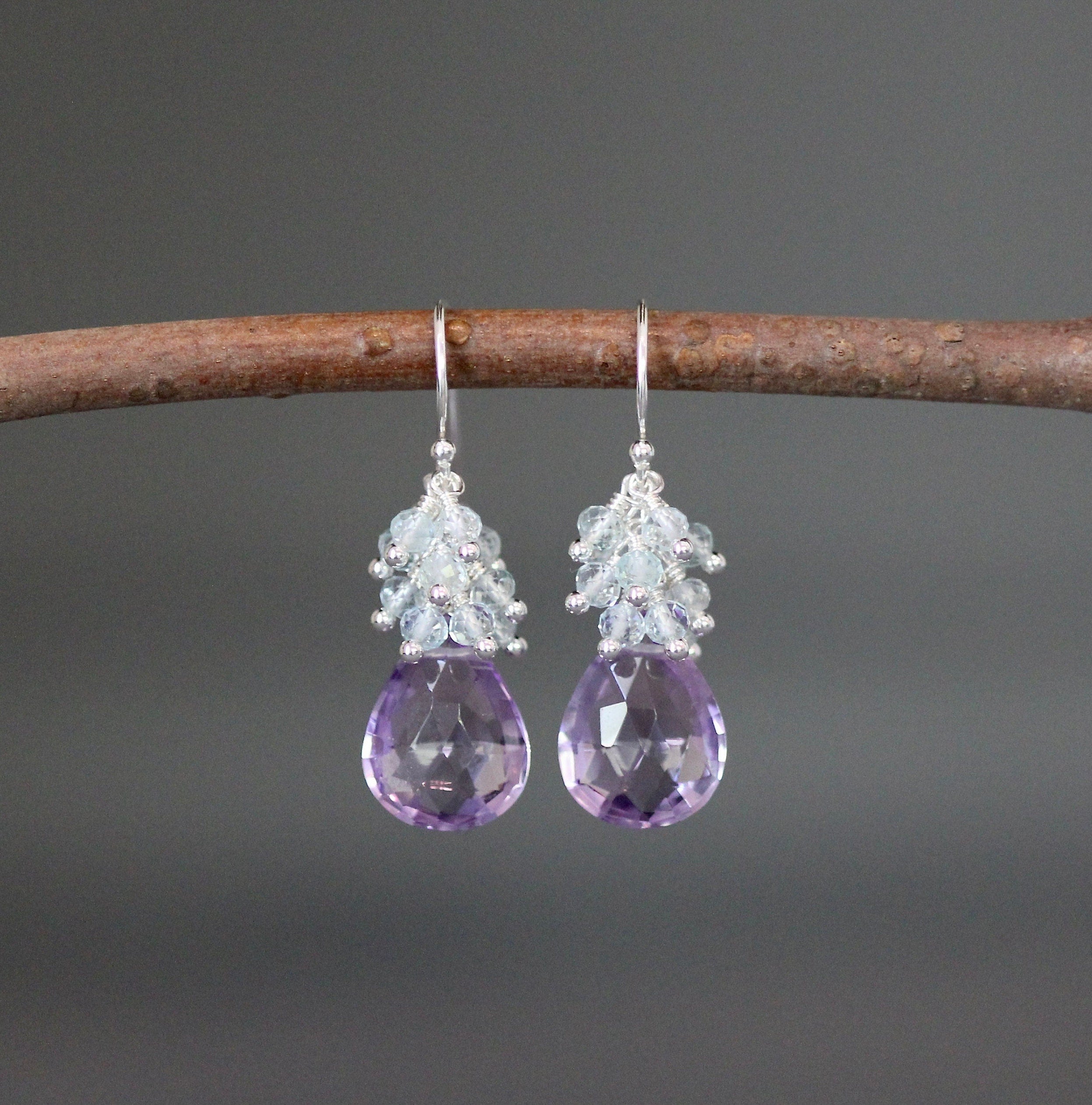 Rose Amethyst and Blue Topaz Quartz Cascading Chandelier Earrings in Sterling Silver