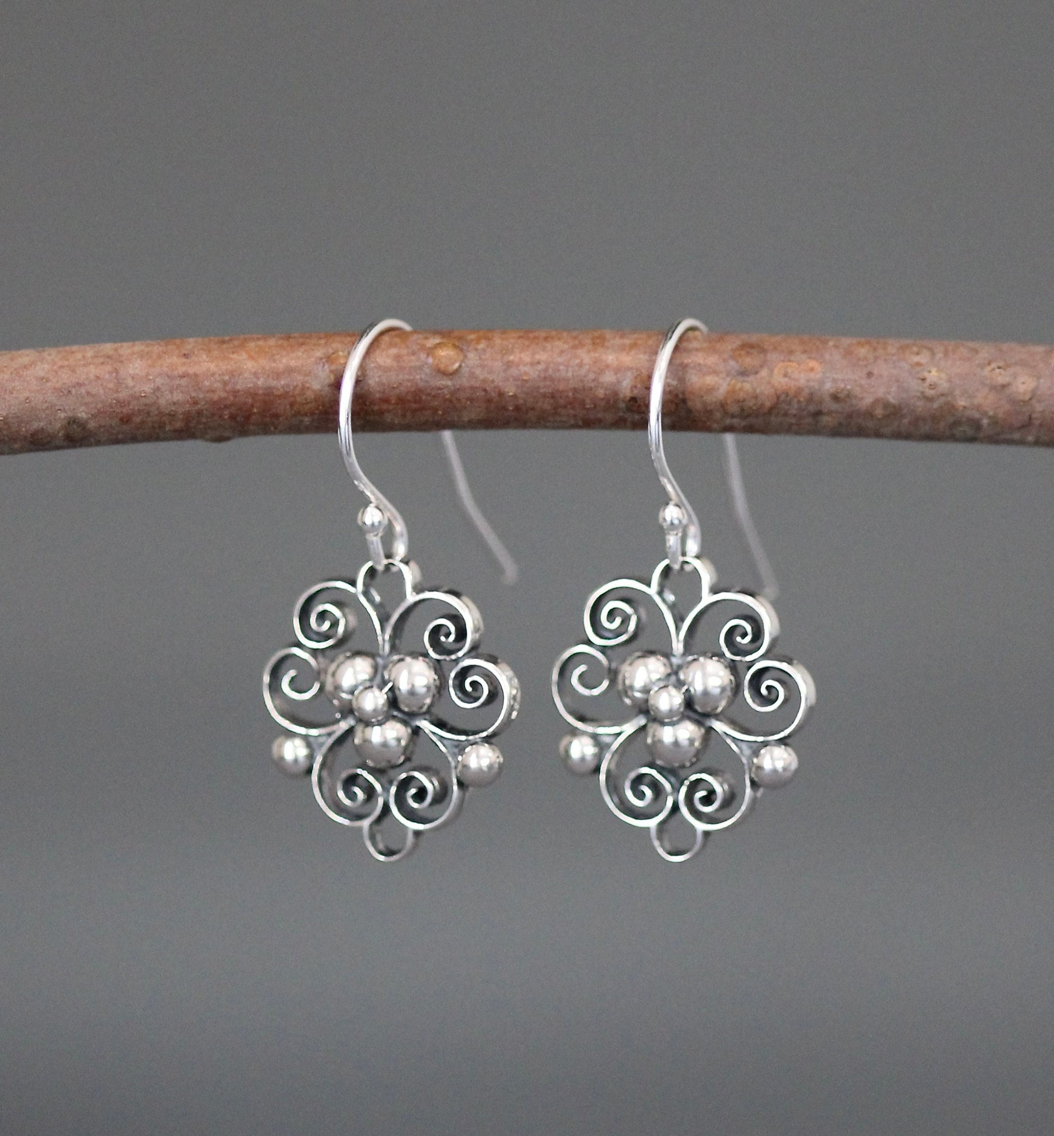 Bali Silver Filigree Charm Dangle Earrings