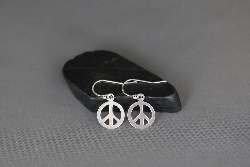 Silver Peace Sign Charm Dangle Earrings