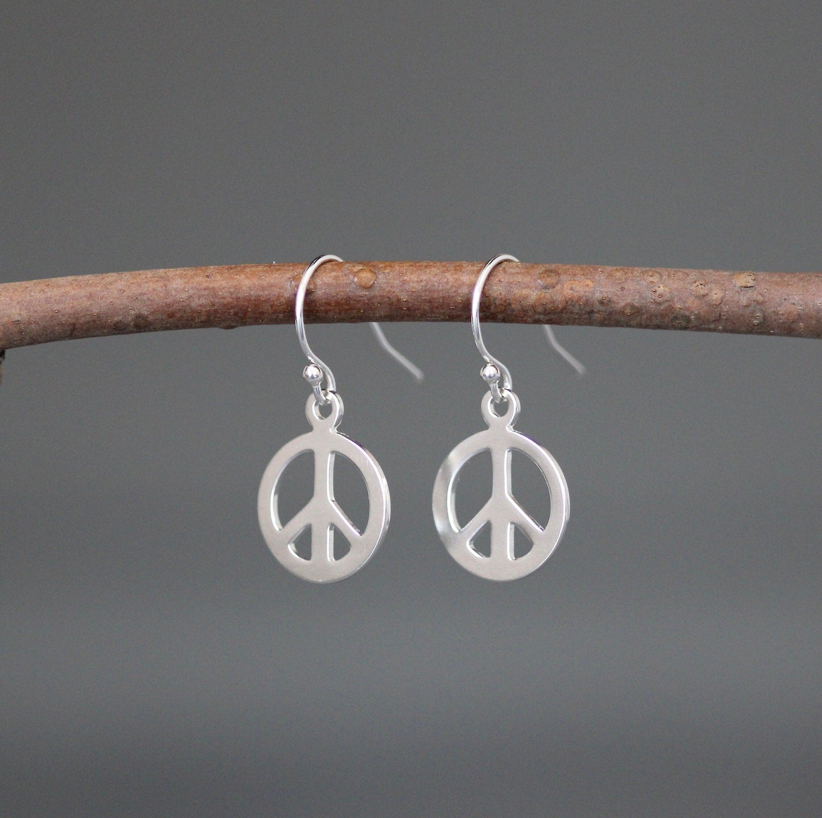 Silver Peace Sign Charm Dangle Earrings