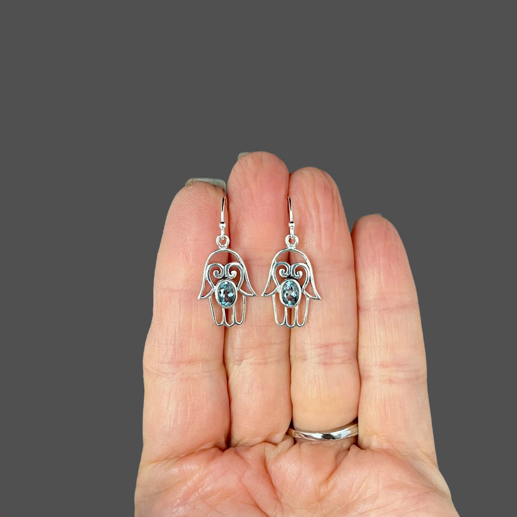 Blue Topaz and Sterling Silver Bali Hamsa Dangle Earrings