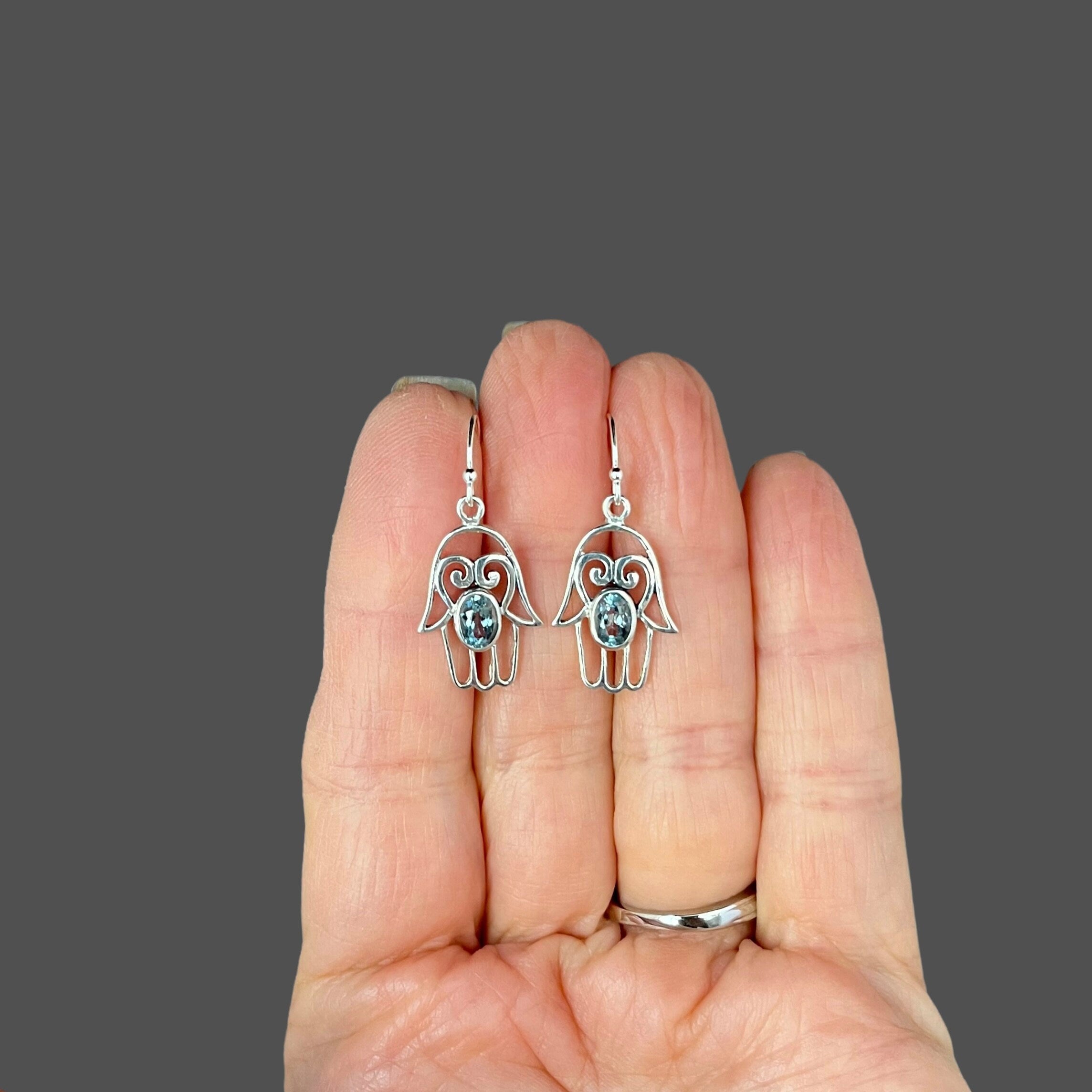 Blue Topaz and Sterling Silver Bali Hamsa Dangle Earrings
