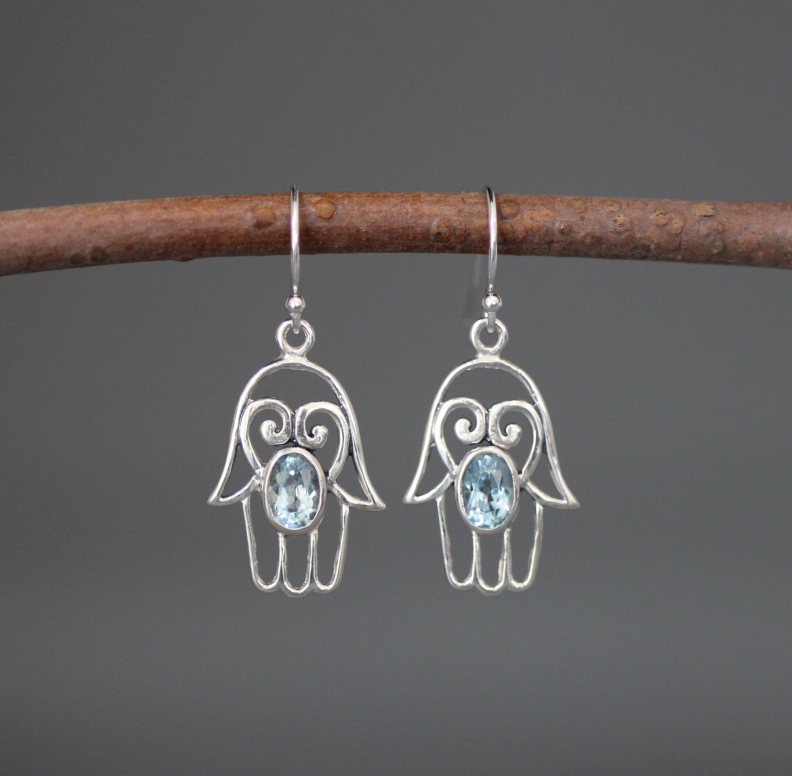 Blue Topaz and Sterling Silver Bali Hamsa Dangle Earrings