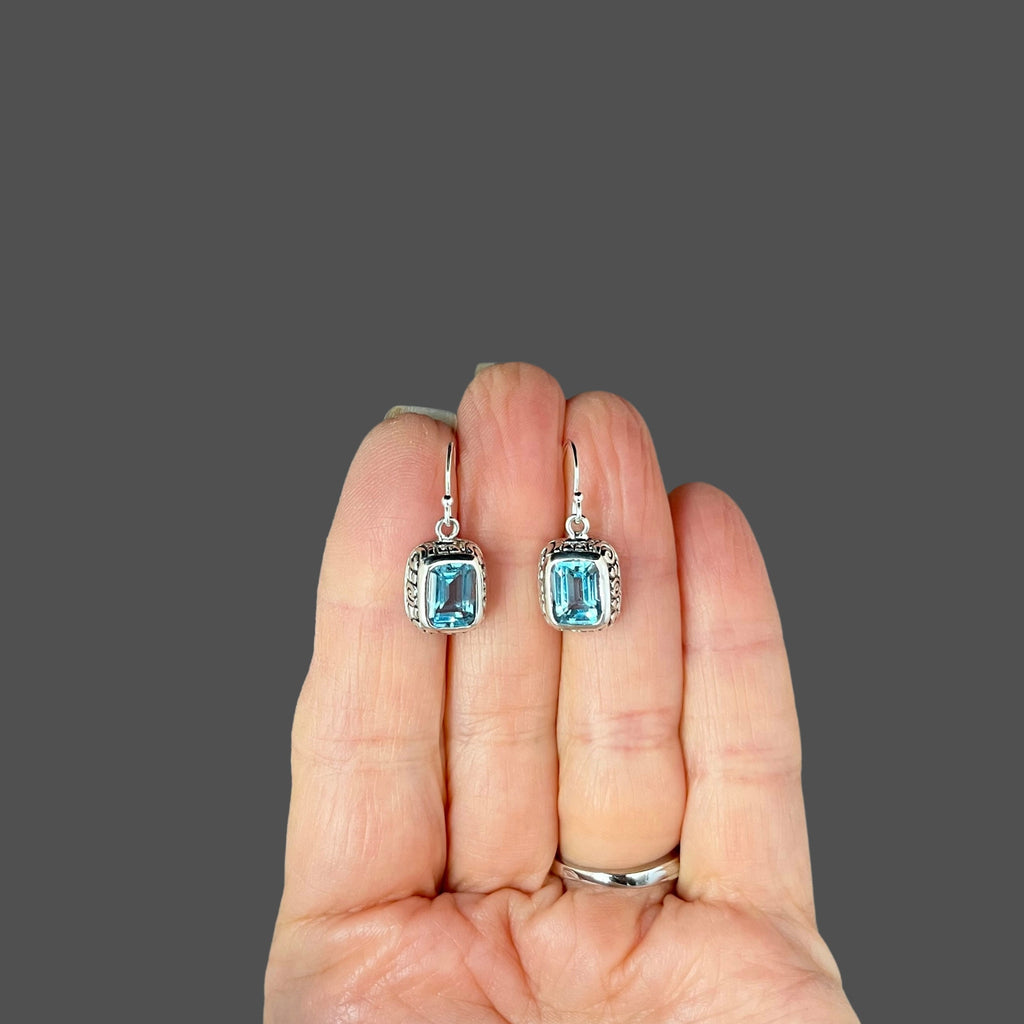 Blue Topaz and Sterling Silver Bali Charm Dangle Earrings
