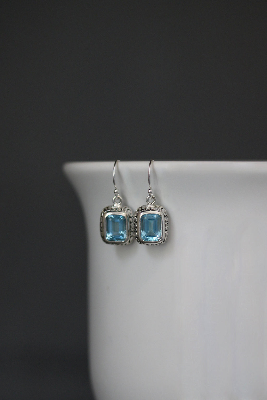 Blue Topaz and Sterling Silver Bali Charm Dangle Earrings