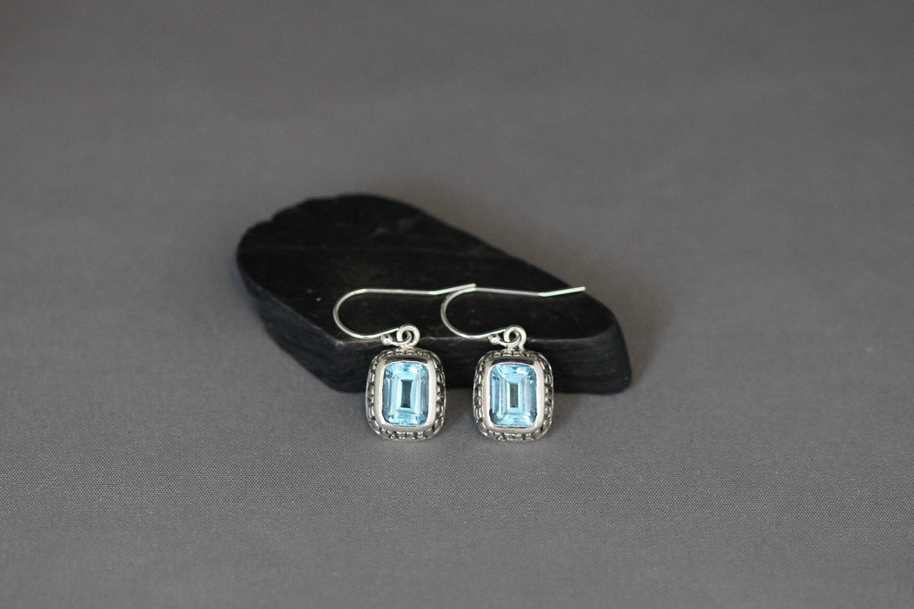 Blue Topaz and Sterling Silver Bali Charm Dangle Earrings