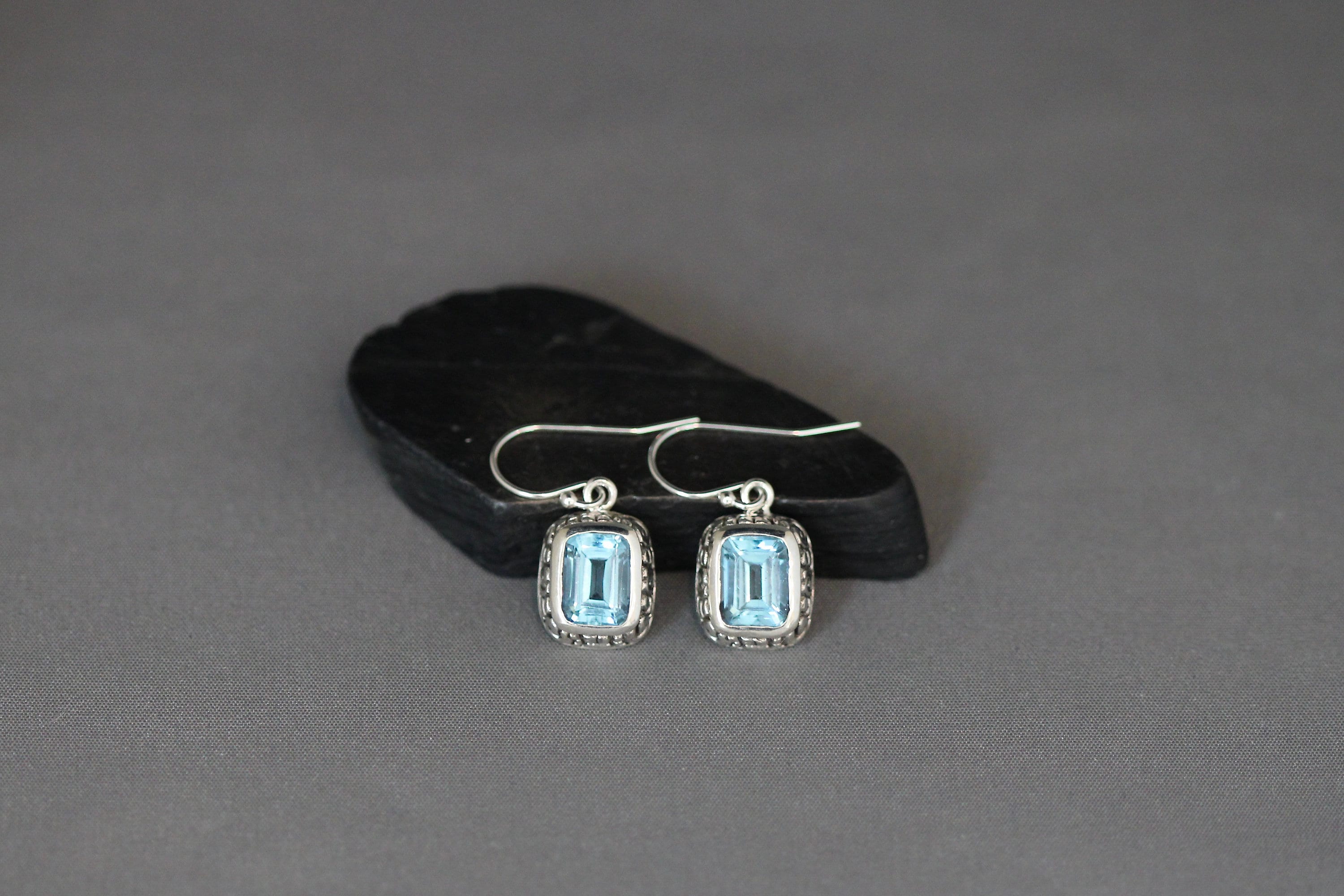Blue Topaz and Sterling Silver Bali Charm Dangle Earrings