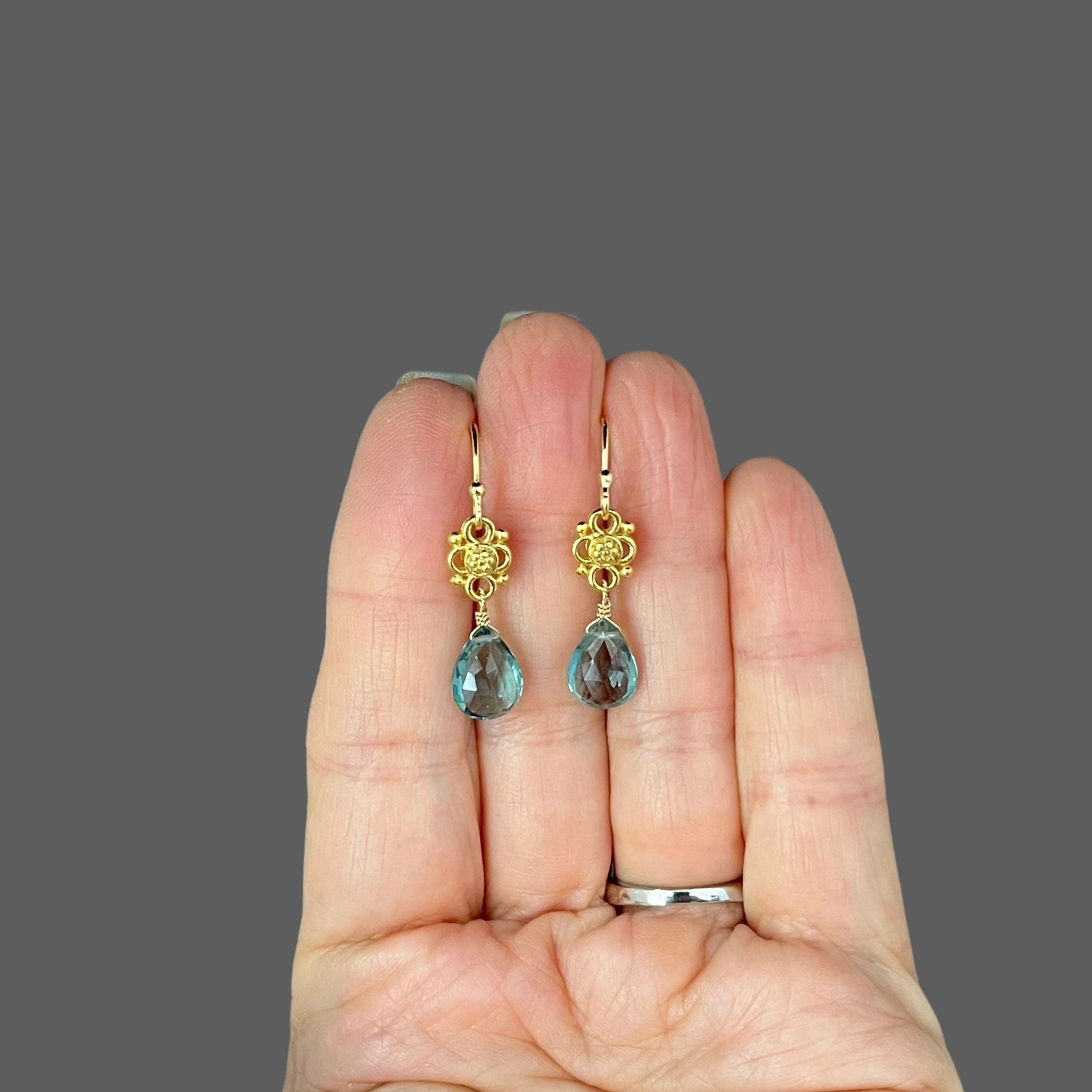 Teal Quartz Teardrop Earrings on Matte Gold Vermeil Links