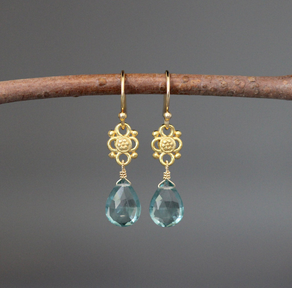 Teal Quartz Teardrop Earrings on Matte Gold Vermeil Links