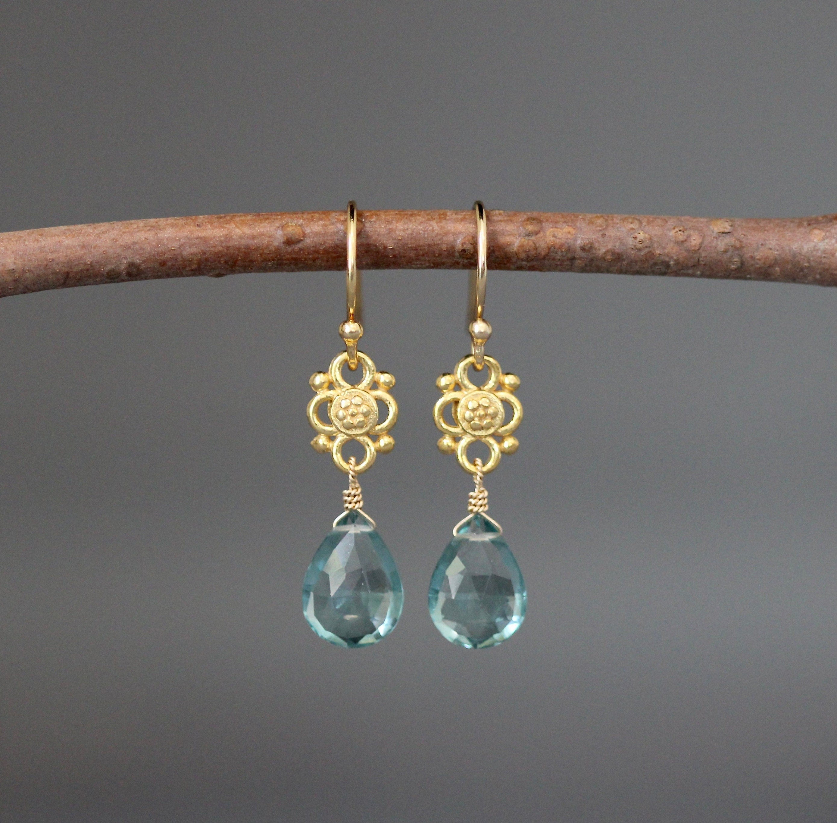 Teal Quartz Teardrop Earrings on Matte Gold Vermeil Links