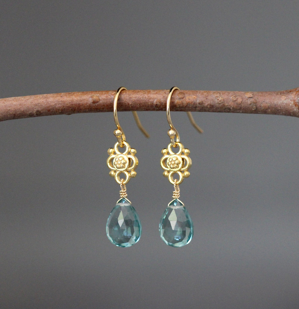 Teal Quartz Teardrop Earrings on Matte Gold Vermeil Links