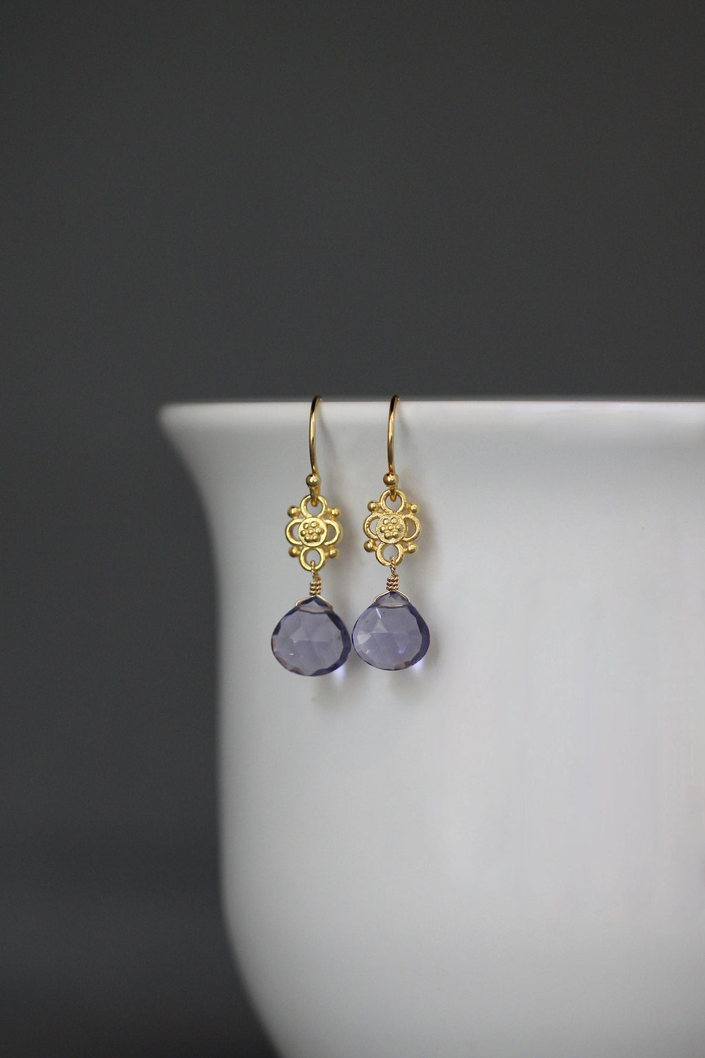 Blue Iolite Quartz Teardrop Earrings on Gold Vermeil Links