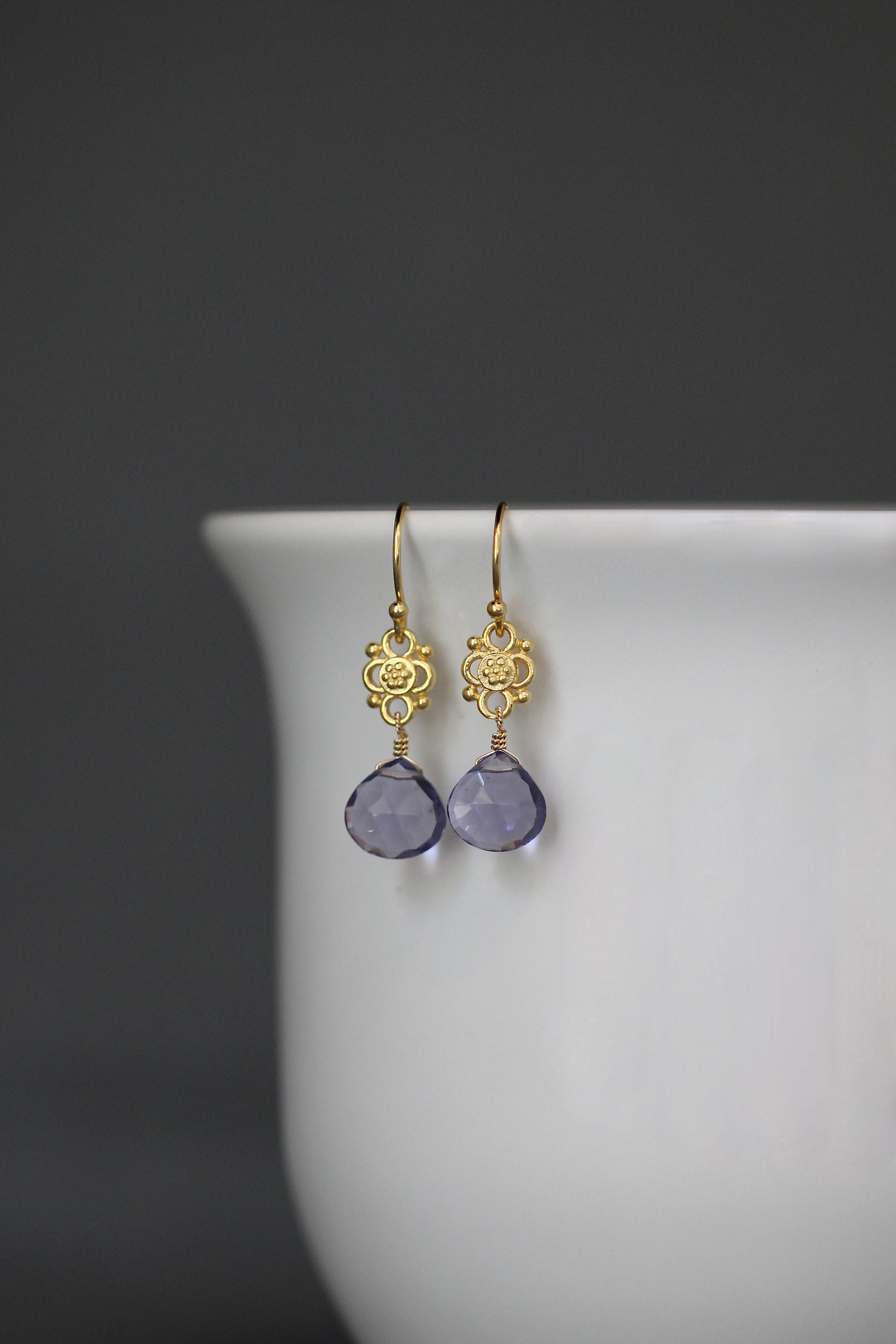 Blue Iolite Quartz Teardrop Earrings on Gold Vermeil Links