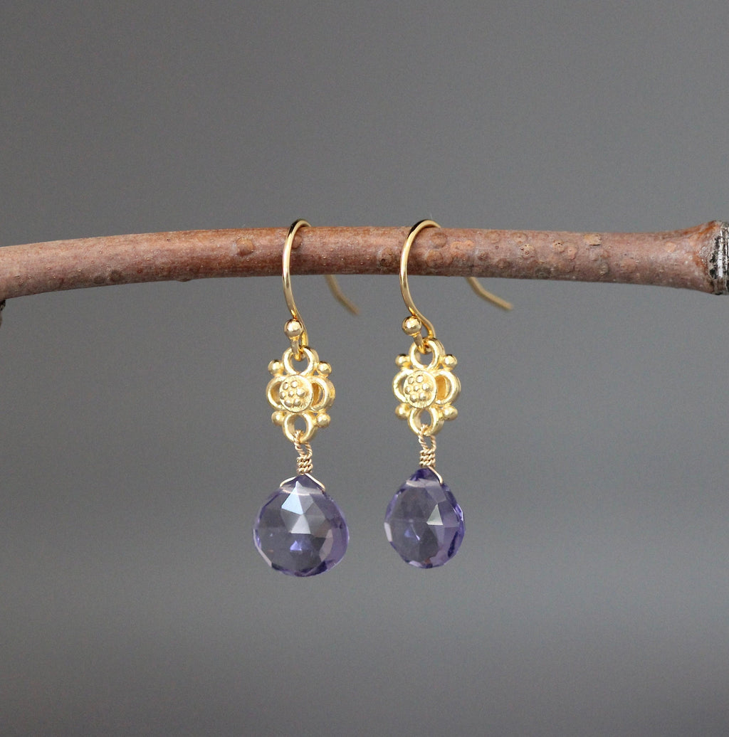Blue Iolite Quartz Teardrop Earrings on Gold Vermeil Links