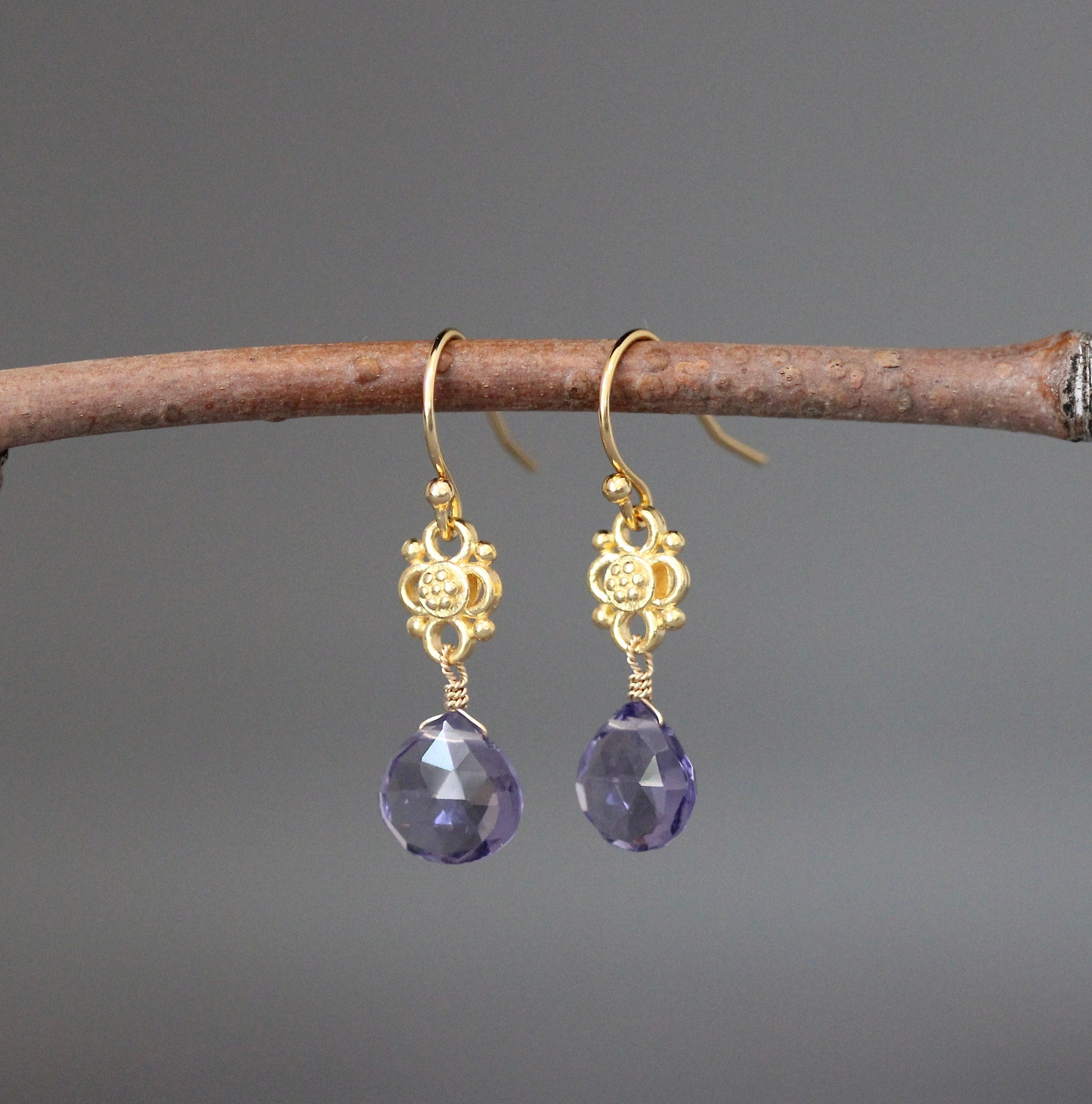 Blue Iolite Quartz Teardrop Earrings on Gold Vermeil Links