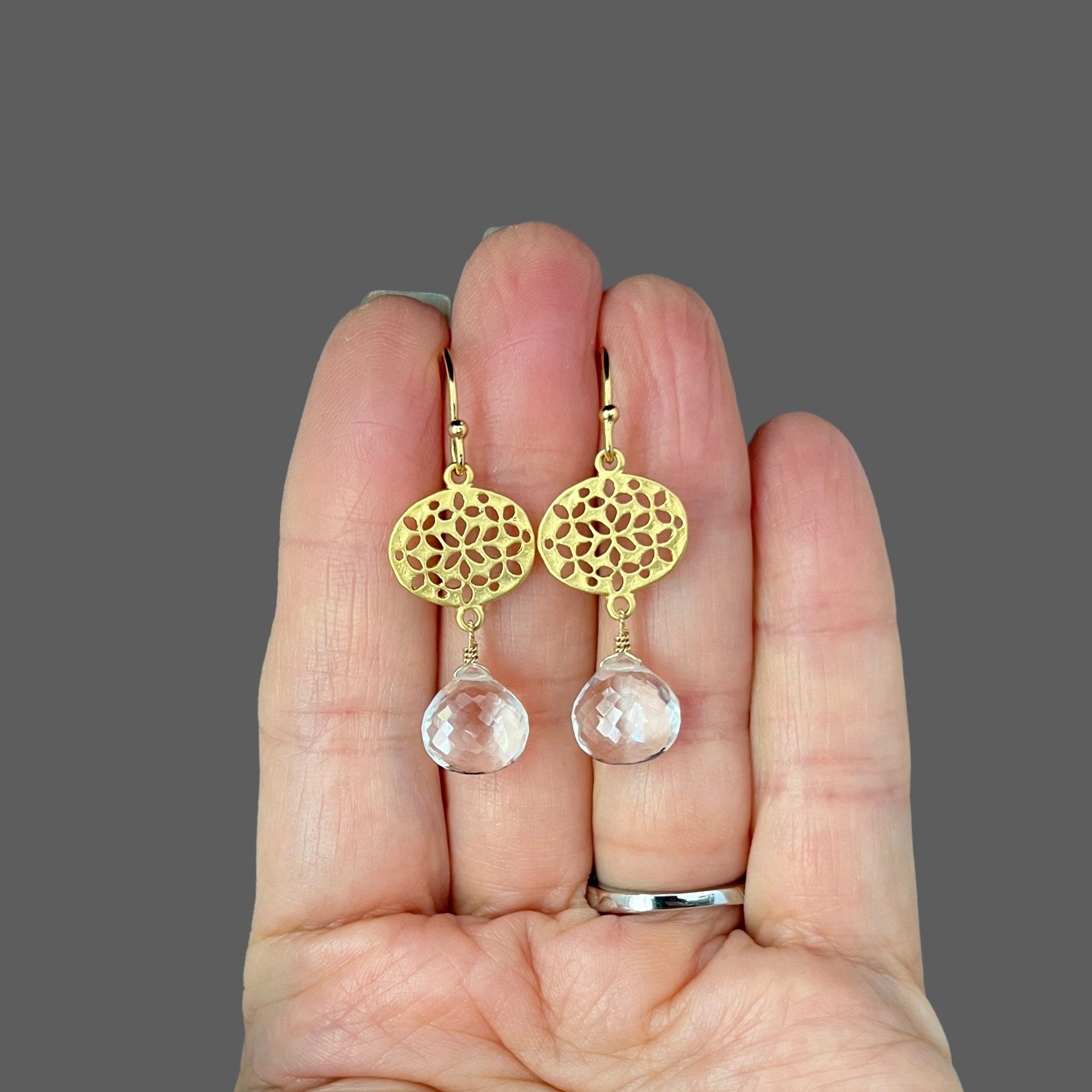 Quartz Crystal and Gold Vermeil Filigree Dangle Earrings