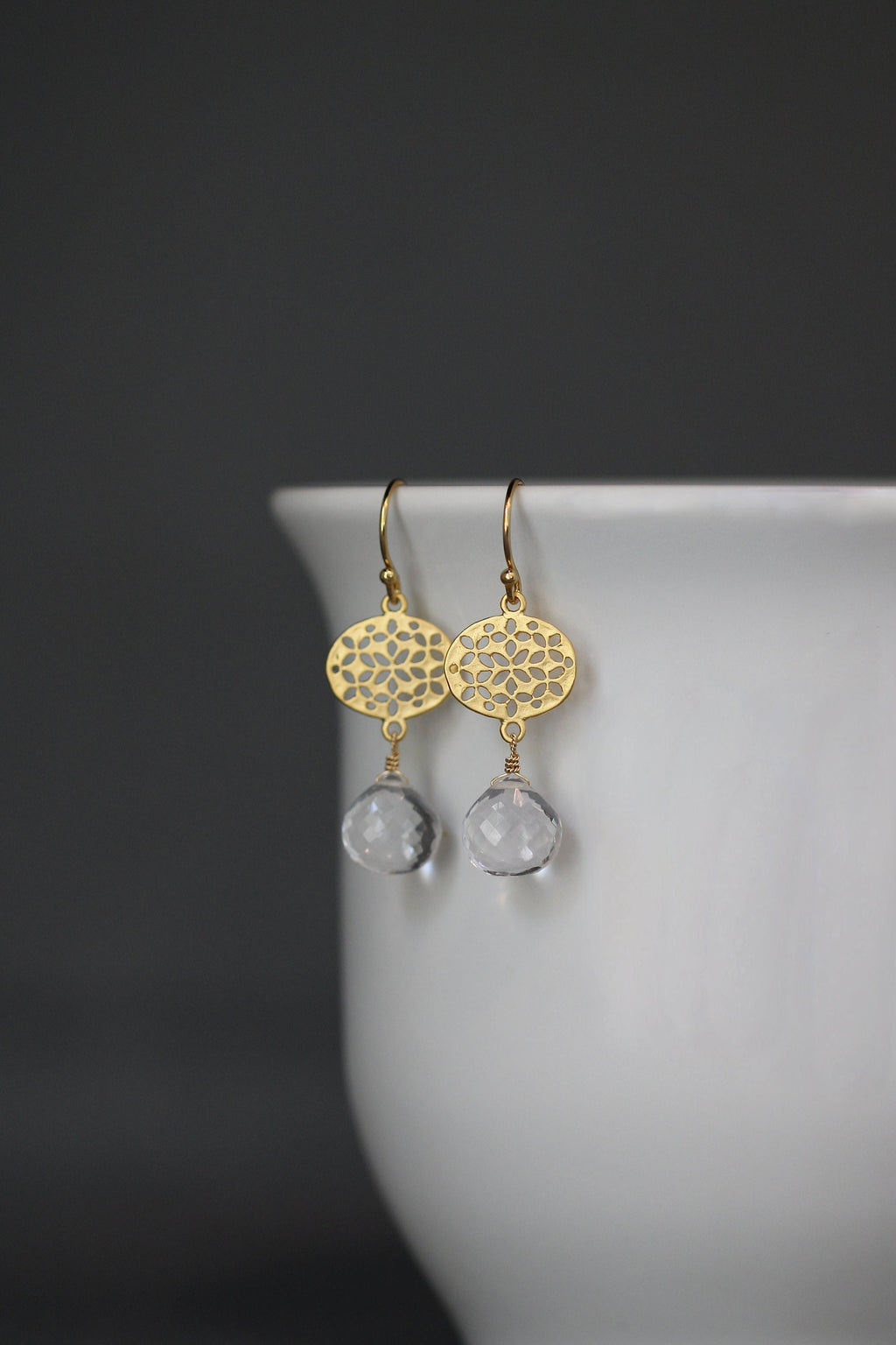 Quartz Crystal and Gold Vermeil Filigree Dangle Earrings