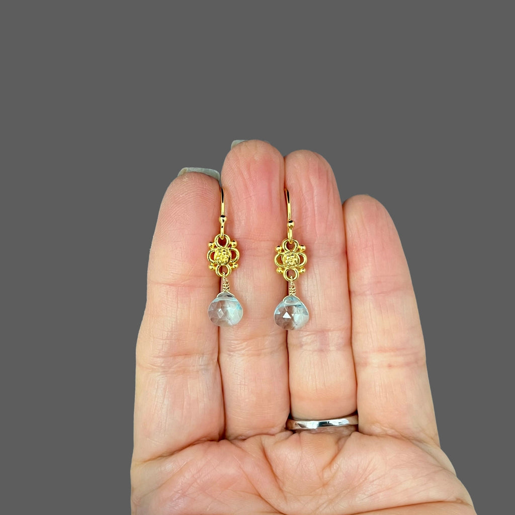 Blue Aquamarine Quartz Teardrop Earrings on Matte Gold Vermeil Links