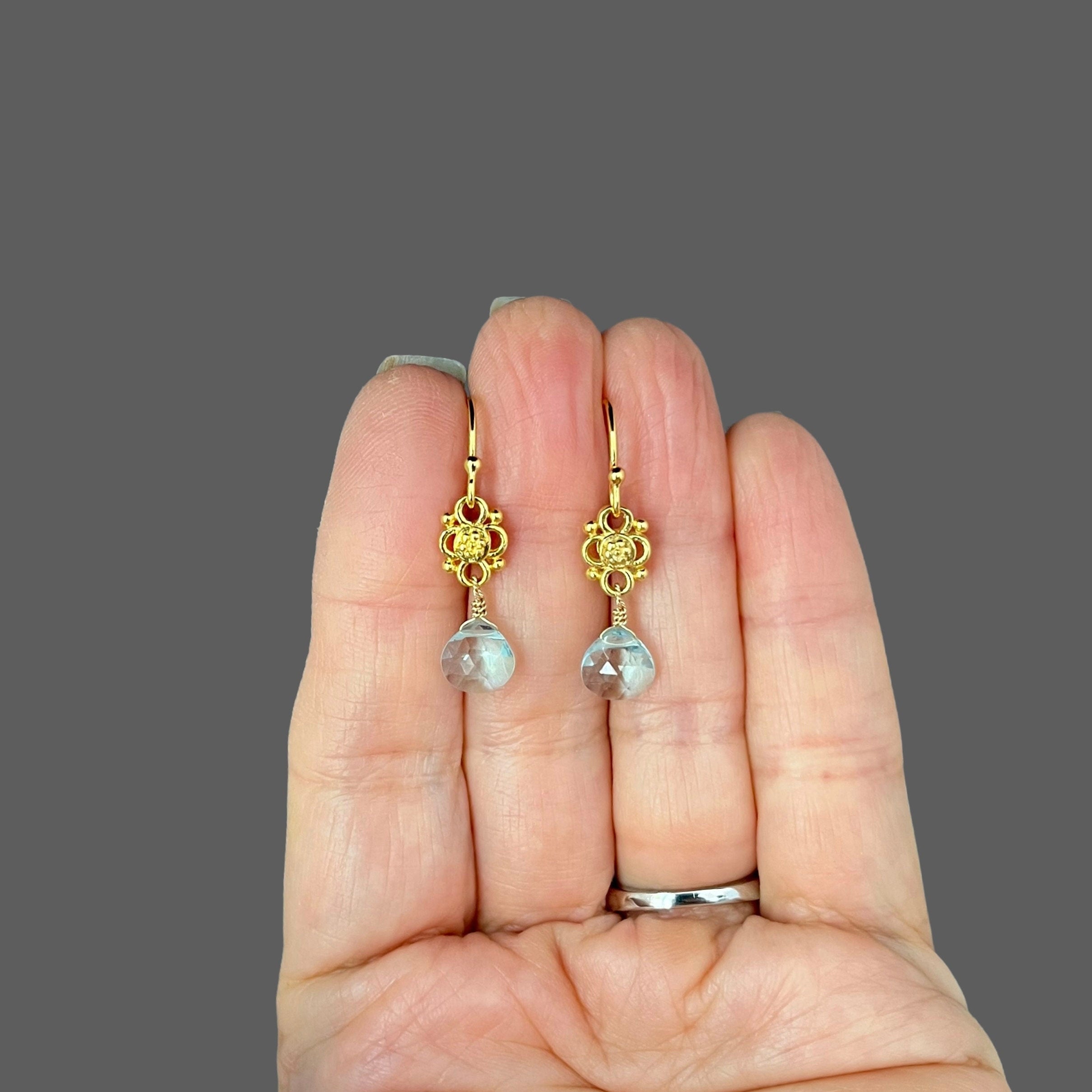 Blue Aquamarine Quartz Teardrop Earrings on Matte Gold Vermeil Links