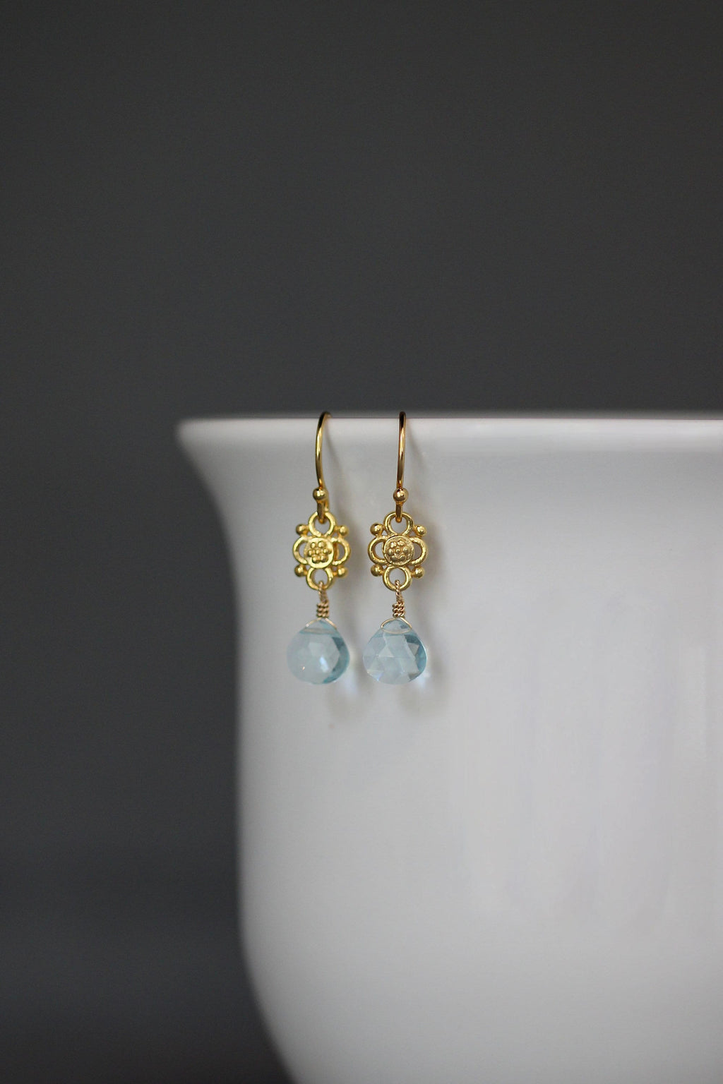 Blue Aquamarine Quartz Teardrop Earrings on Matte Gold Vermeil Links