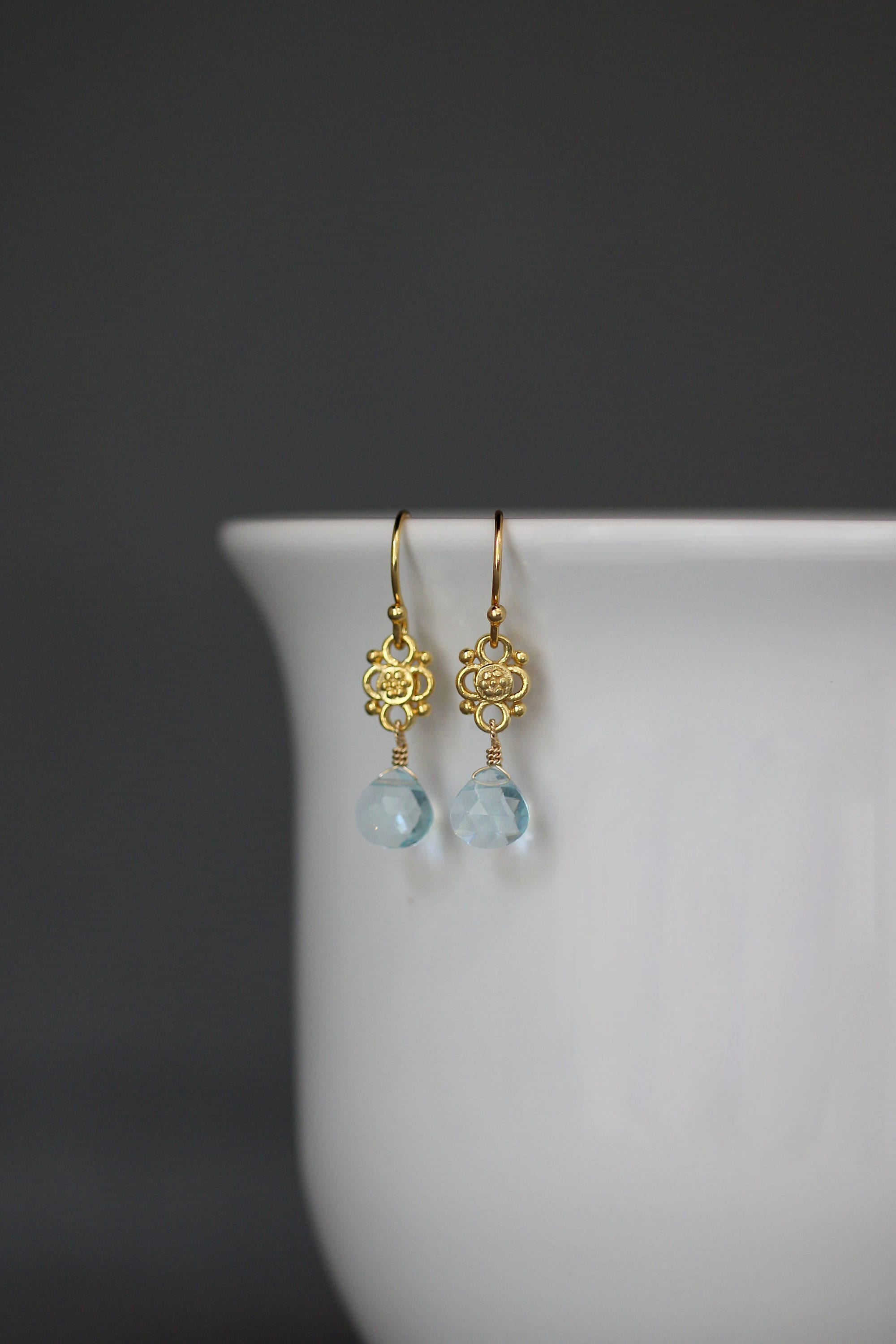 Blue Aquamarine Quartz Teardrop Earrings on Matte Gold Vermeil Links