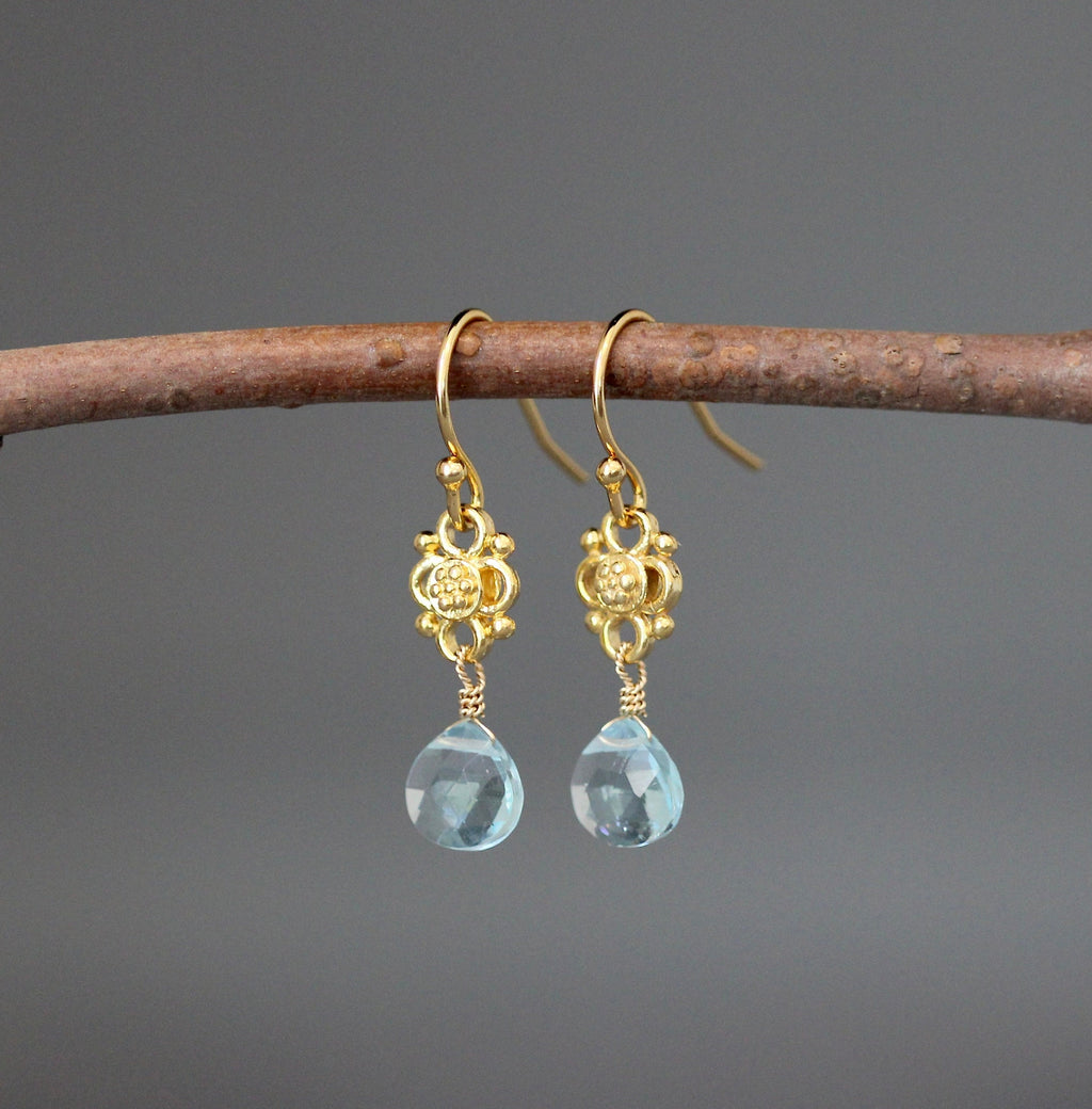 Blue Aquamarine Quartz Teardrop Earrings on Matte Gold Vermeil Links