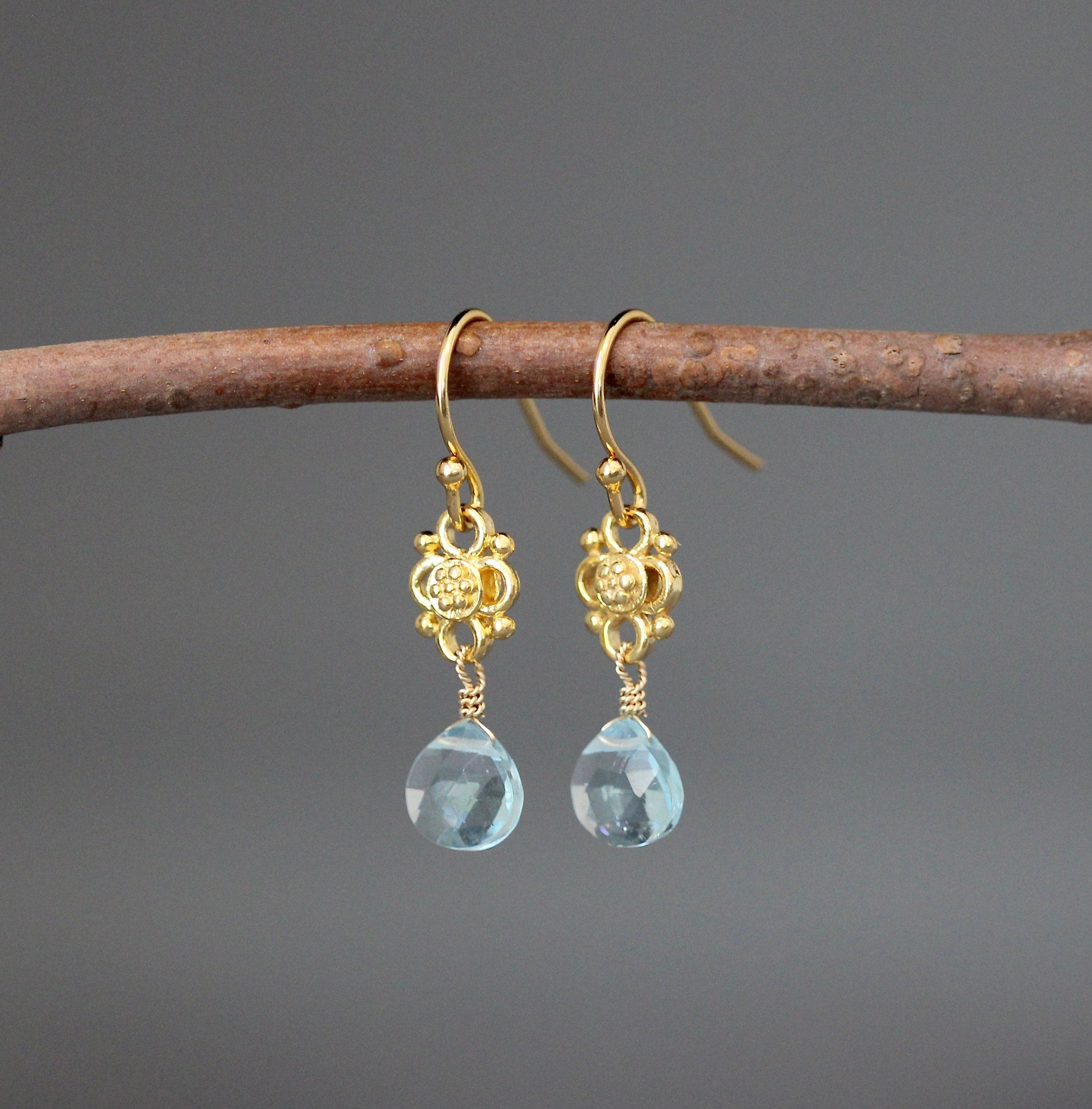 Blue Aquamarine Quartz Teardrop Earrings on Matte Gold Vermeil Links