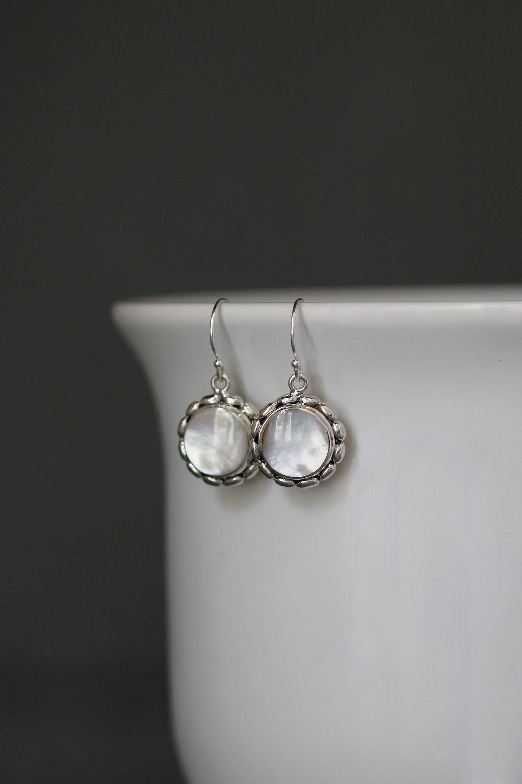 Mother of Pearl Round Stone Bezel Earrings in Bali Silver
