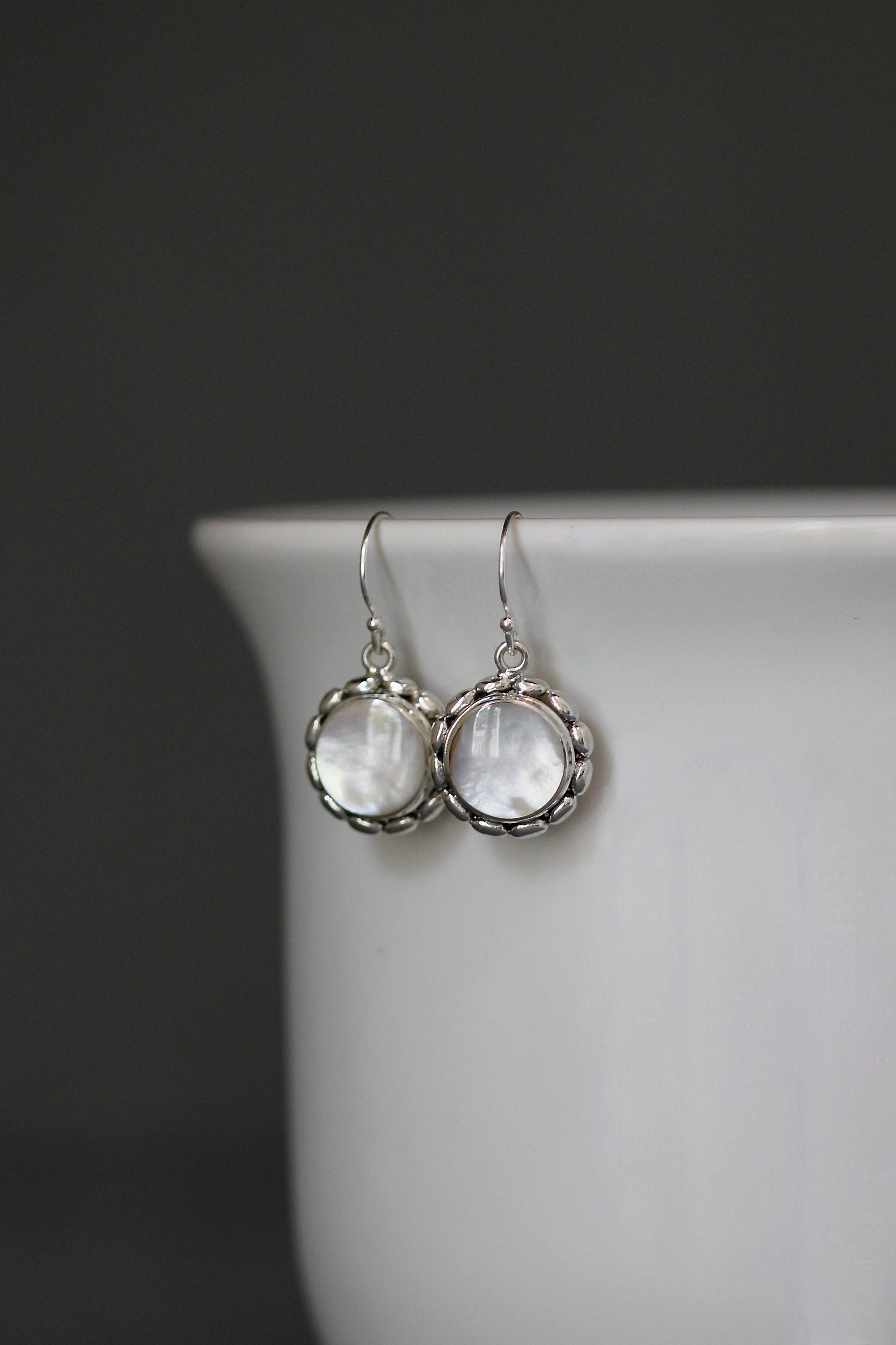 Mother of Pearl Round Stone Bezel Earrings in Bali Silver