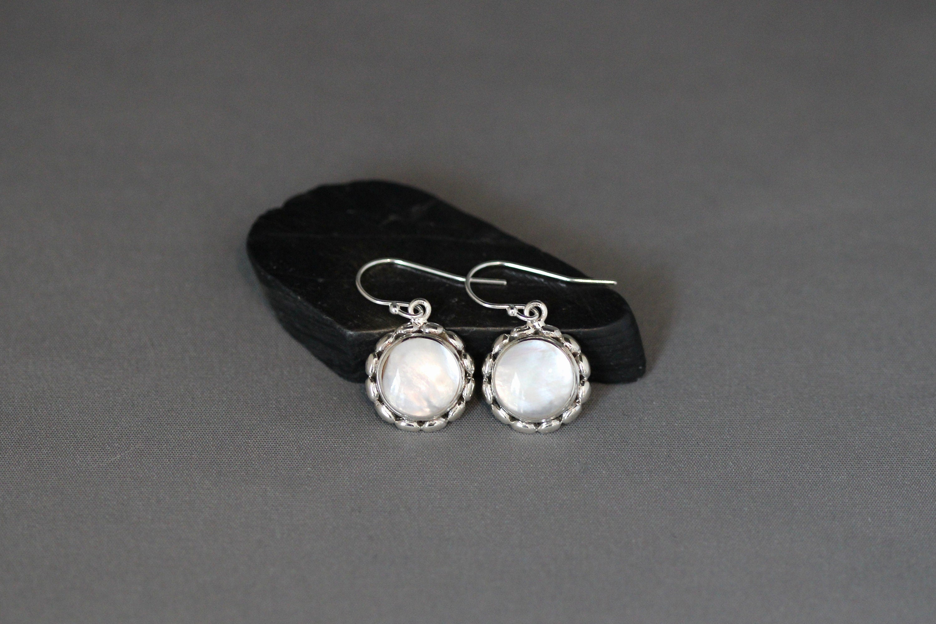 Mother of Pearl Round Stone Bezel Earrings in Bali Silver