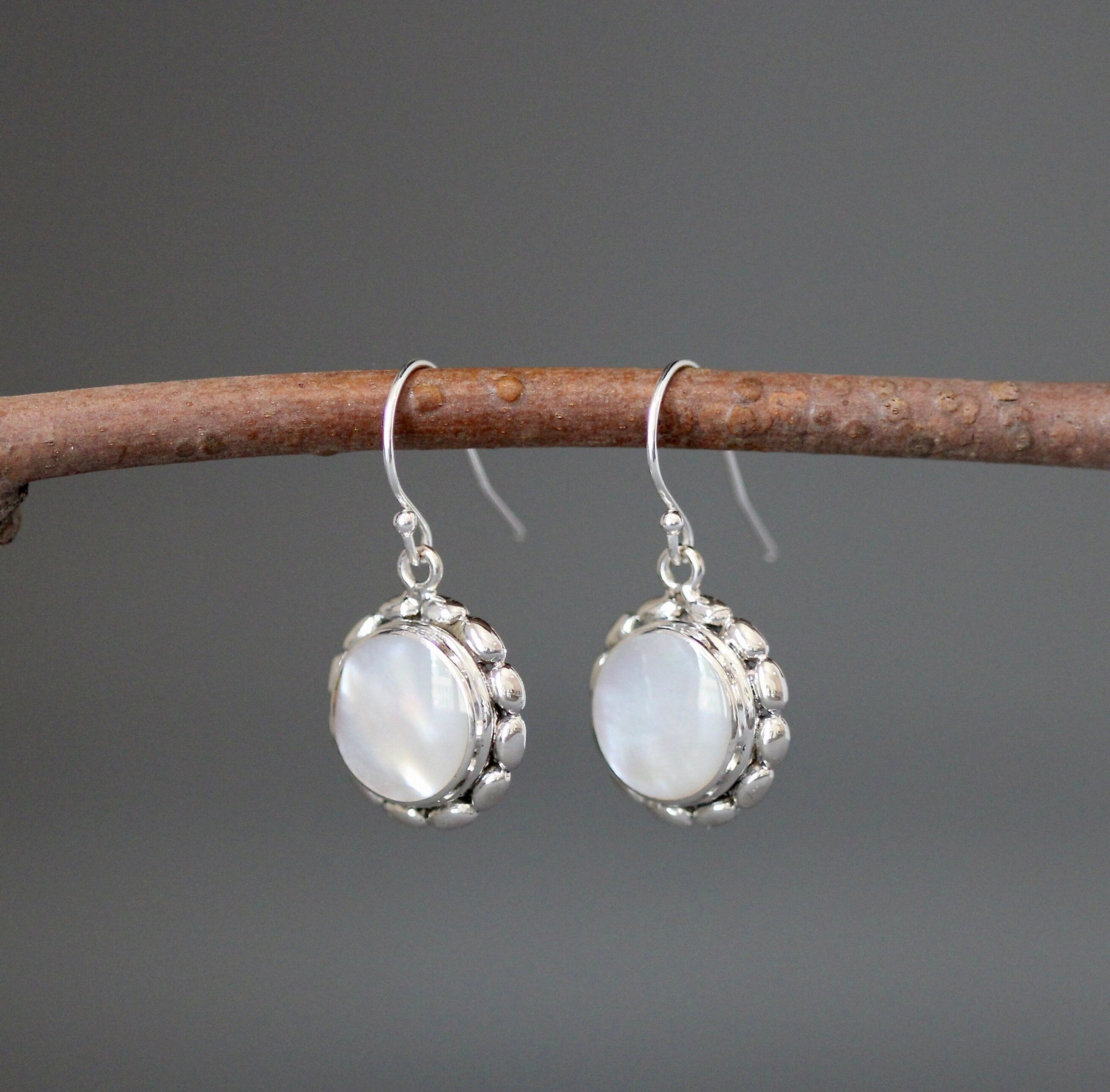 Mother of Pearl Round Stone Bezel Earrings in Bali Silver