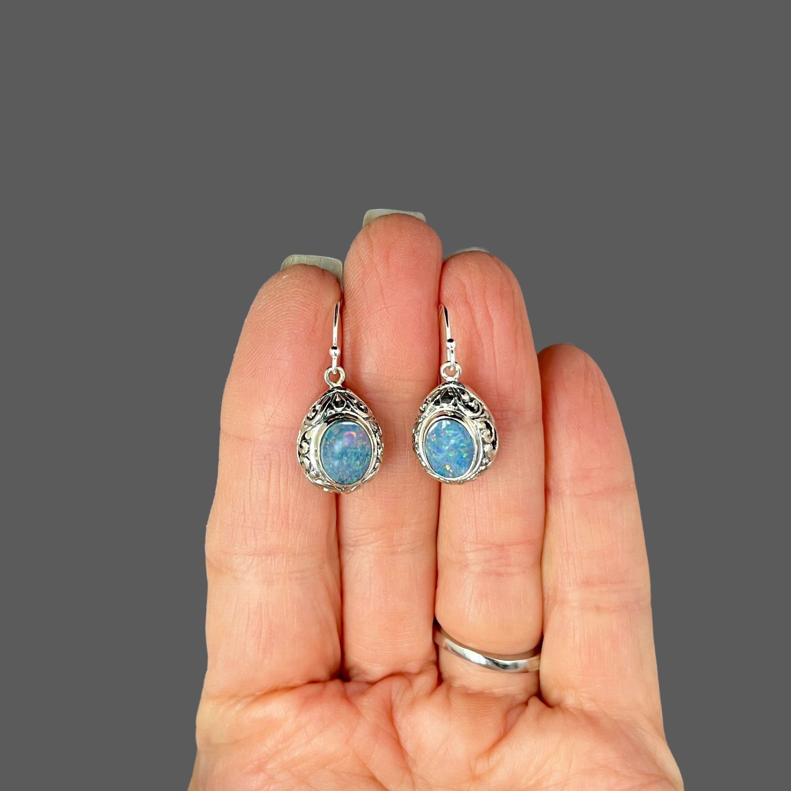 Blue Fire Opal and Bali Sterling Silver Filigree Dangle Earrings