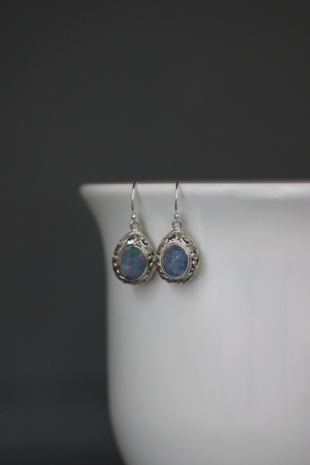 Blue Fire Opal and Bali Sterling Silver Filigree Dangle Earrings