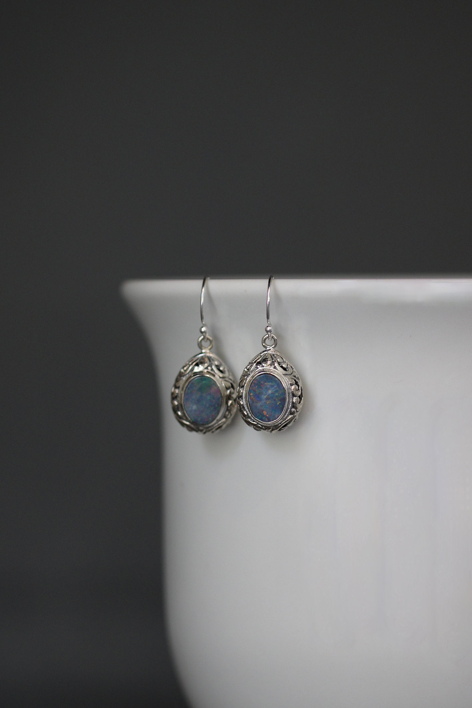 Blue Fire Opal and Bali Sterling Silver Filigree Dangle Earrings