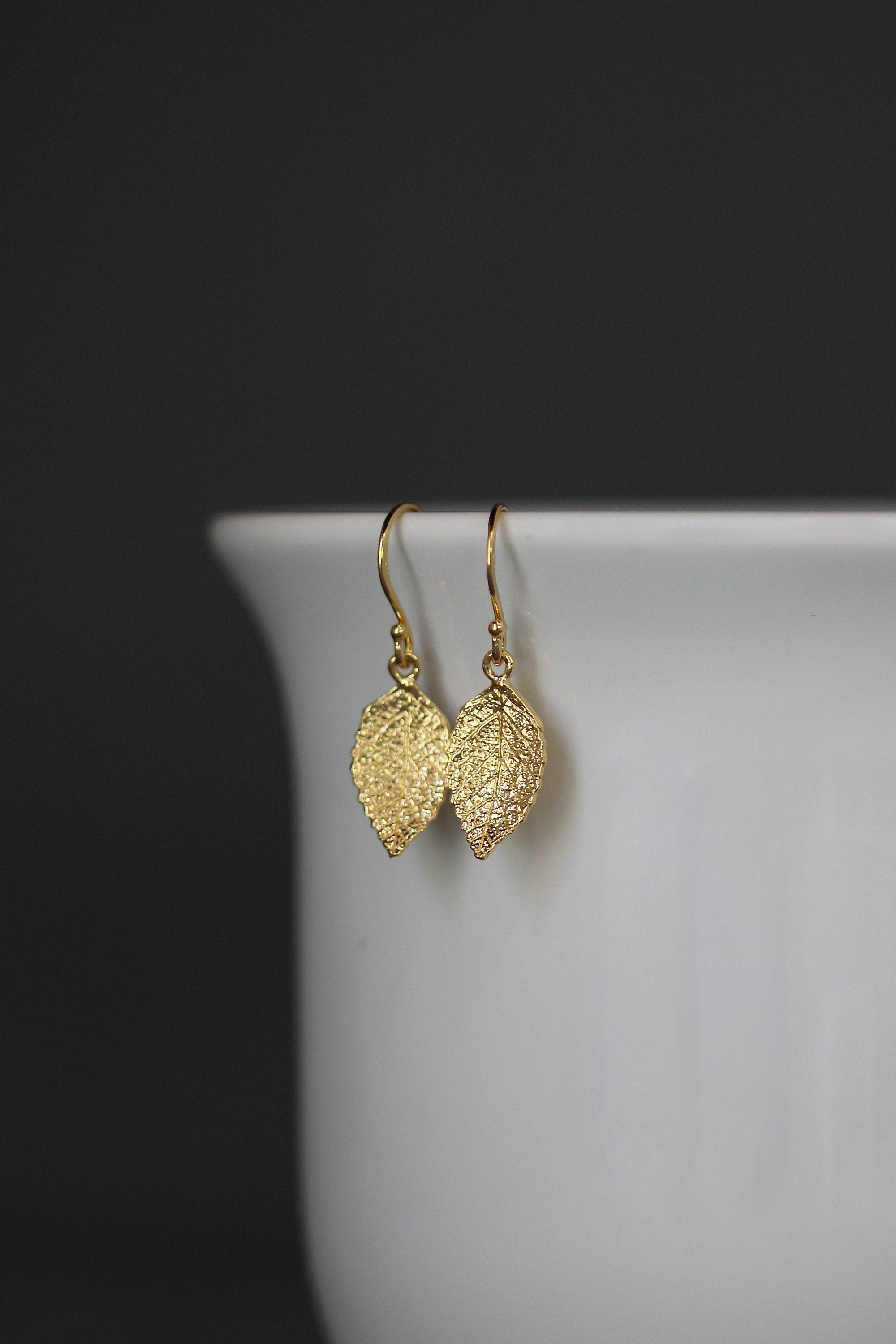 Gold Vermeil Leaf Charm Dangle Earrings