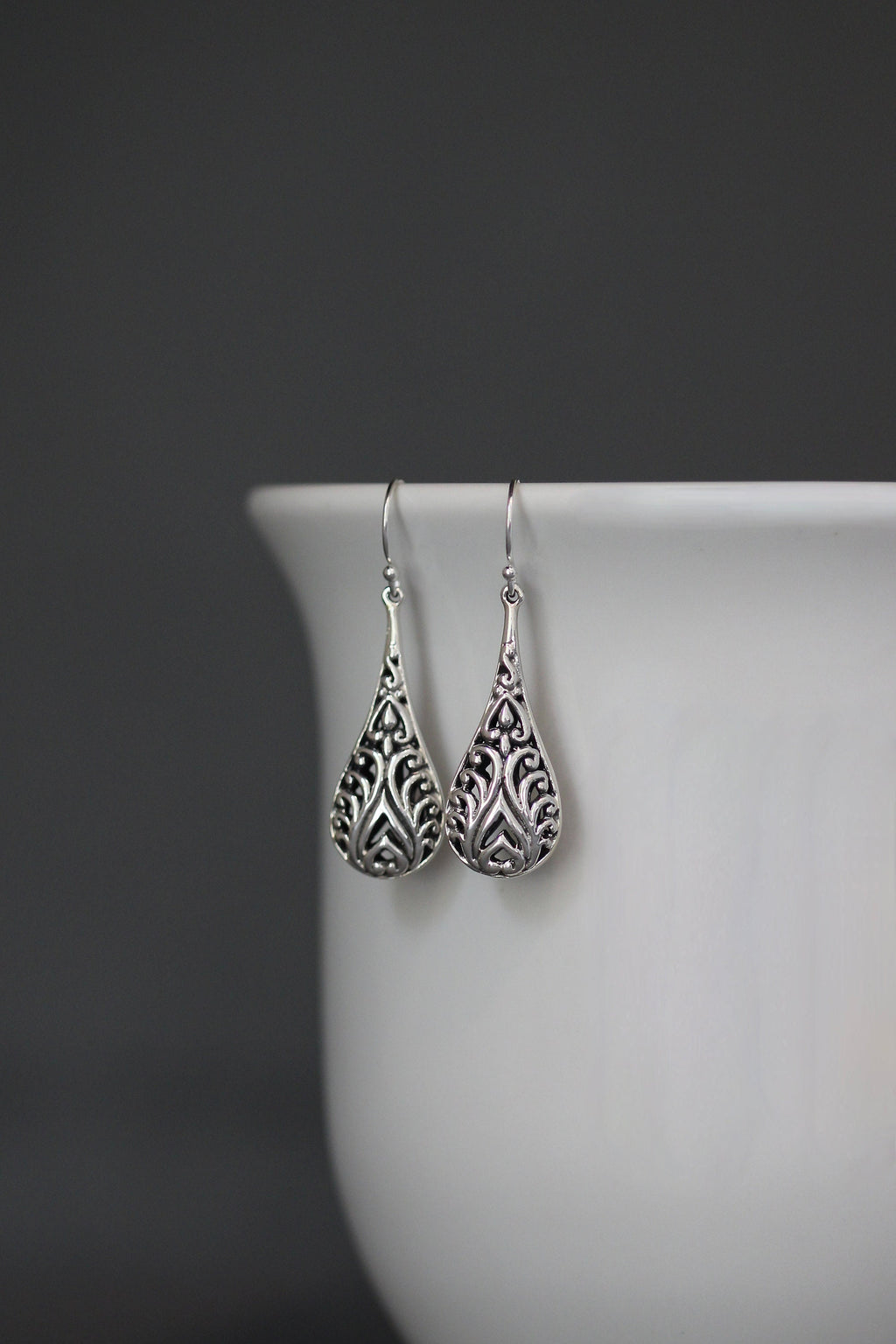 Bali Sterling Silver Filigree Teardrop Charm Statement Dangle Earrings