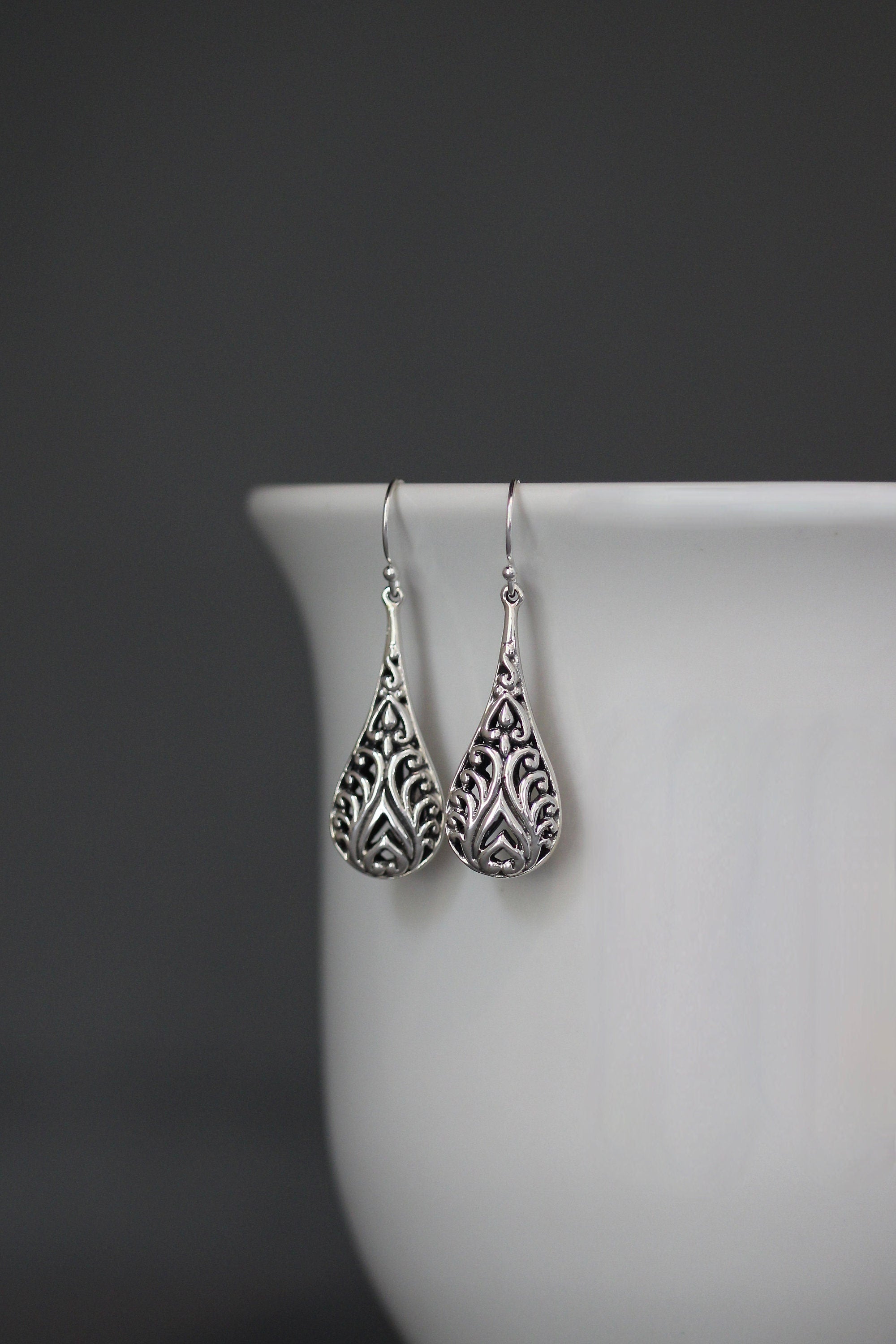 Bali Sterling Silver Filigree Teardrop Charm Statement Dangle Earrings