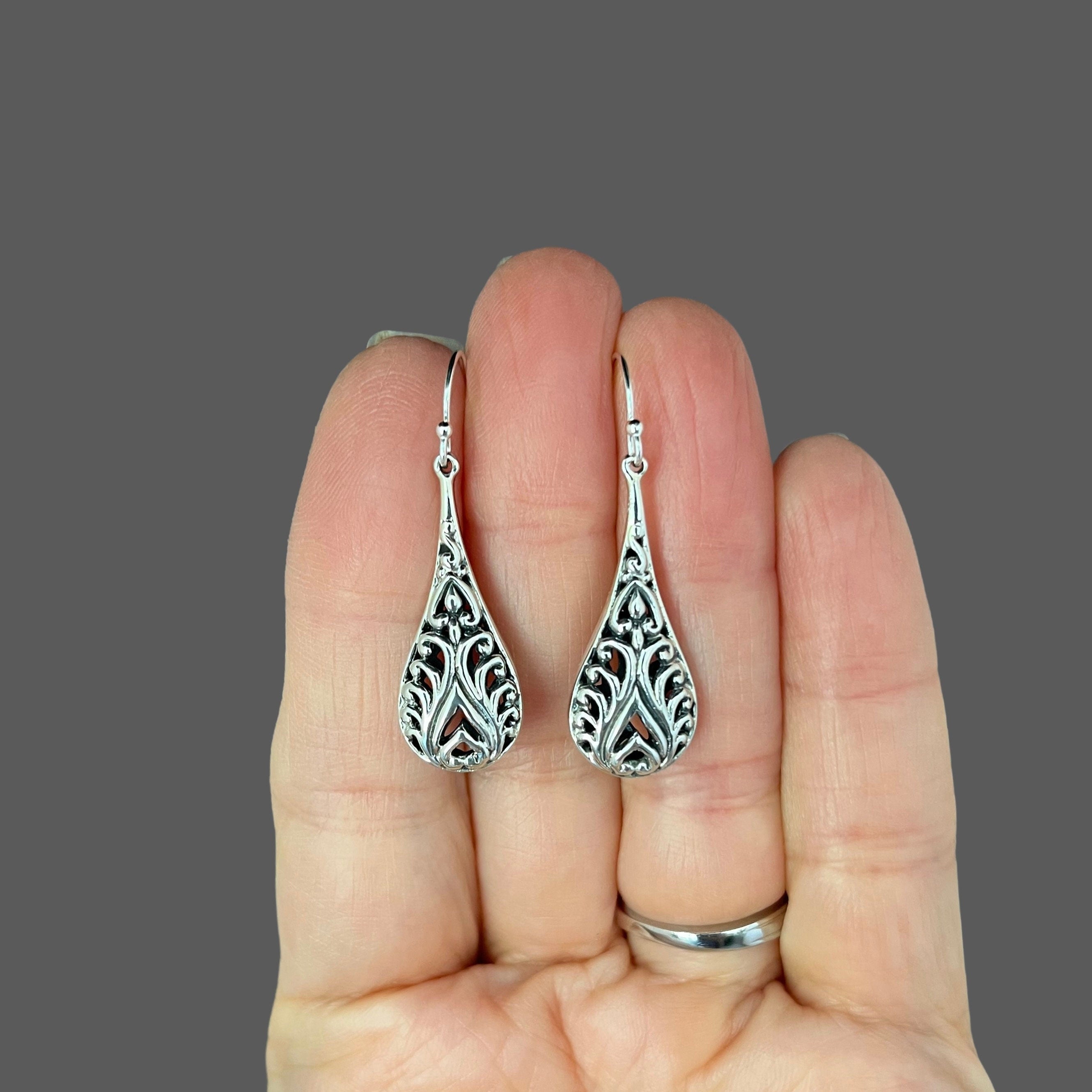 Bali Sterling Silver Filigree Teardrop Charm Statement Dangle Earrings