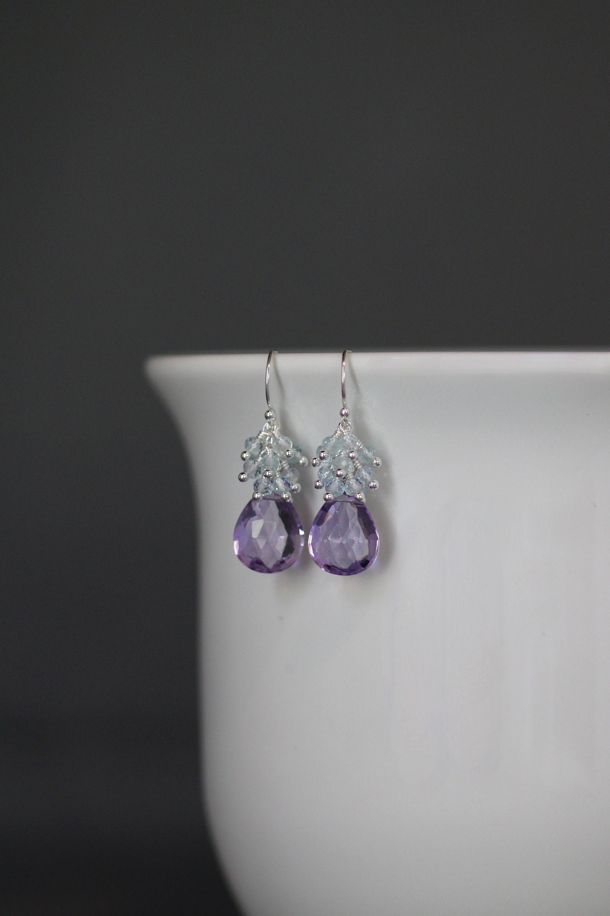 Rose Amethyst and Blue Topaz Quartz Cascading Chandelier Earrings in Sterling Silver