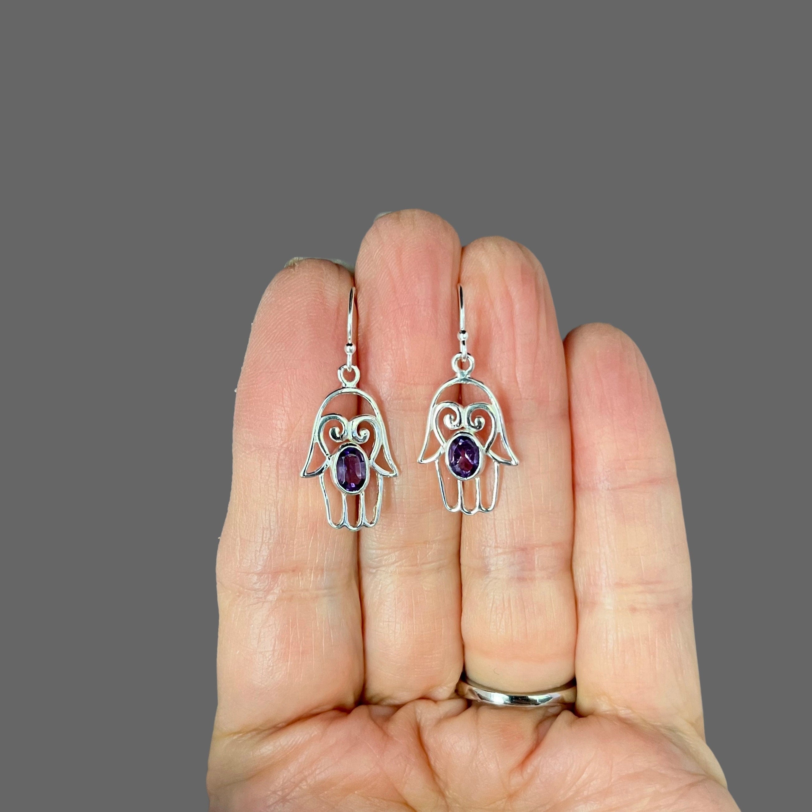 Amethyst and Sterling Silver Hamsa Charm Earrings